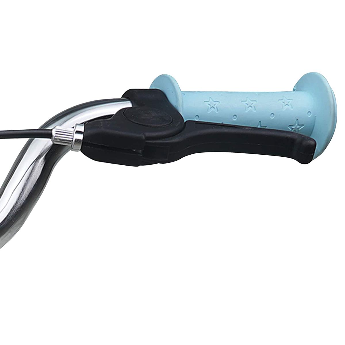 Ein blauer Fahrradgriff mit Sternenmuster und ein Bremshebel.