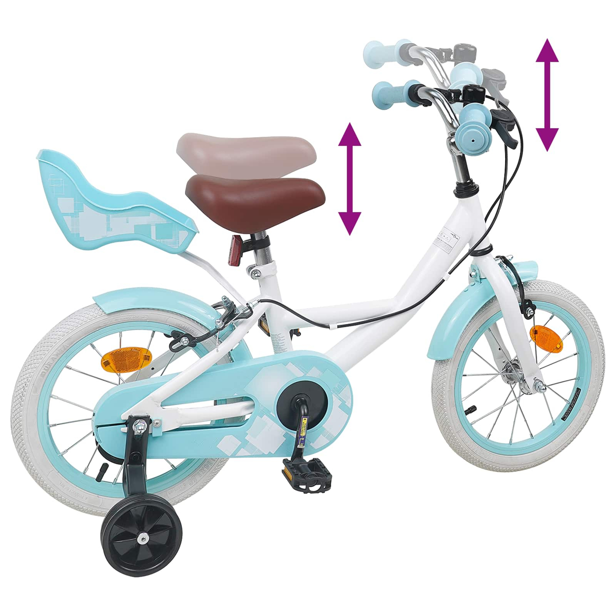 Ein weißes Kinderfahrrad mit hellblauen Akzenten und Stützrädern.