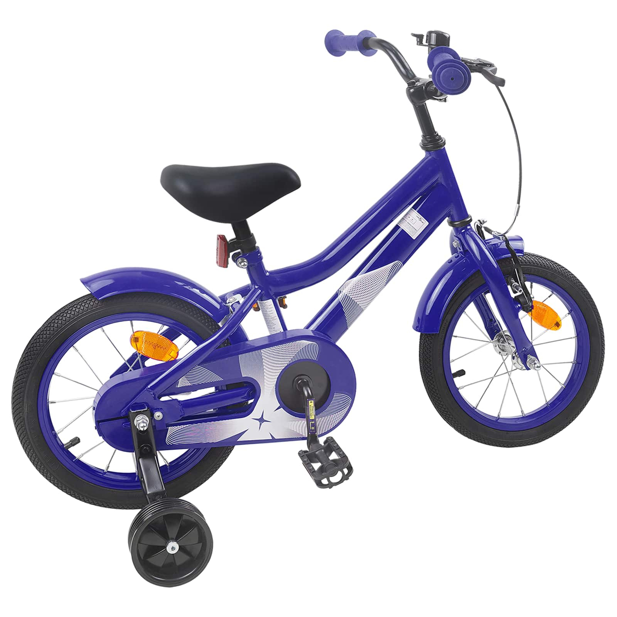Ein blaues Kinderfahrrad mit Stützrädern, Reflektoren und einem Klingel.