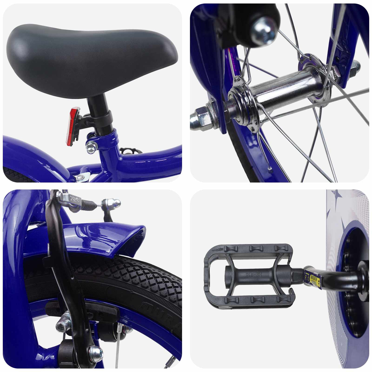 Blaue Fahrrad Details: Sattel, Radnabe, Vorderbremse und Pedal.