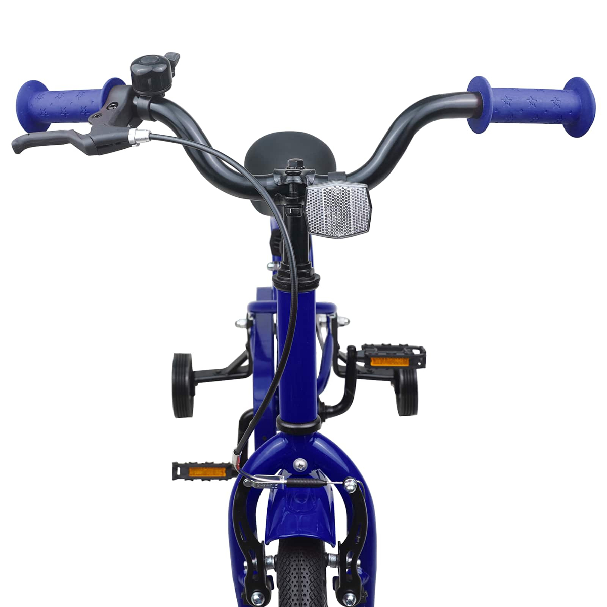 Ein blauer Kinderfahrrad-Lenker mit blauen Griffen, Klingel, Bremsen und Reflektor.