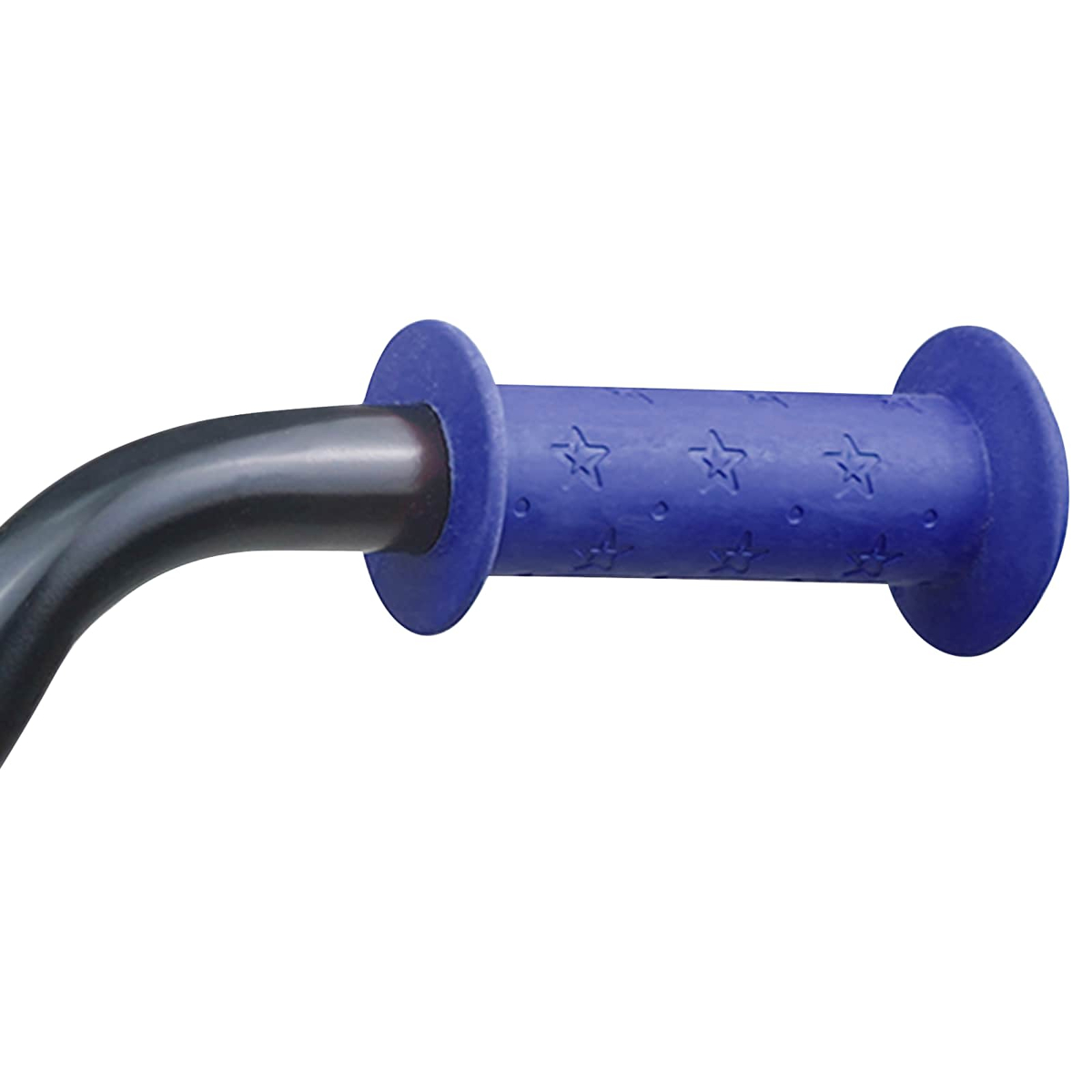 Blauer Lenkergriff mit Sternenmuster und schwarzem Metallteil.