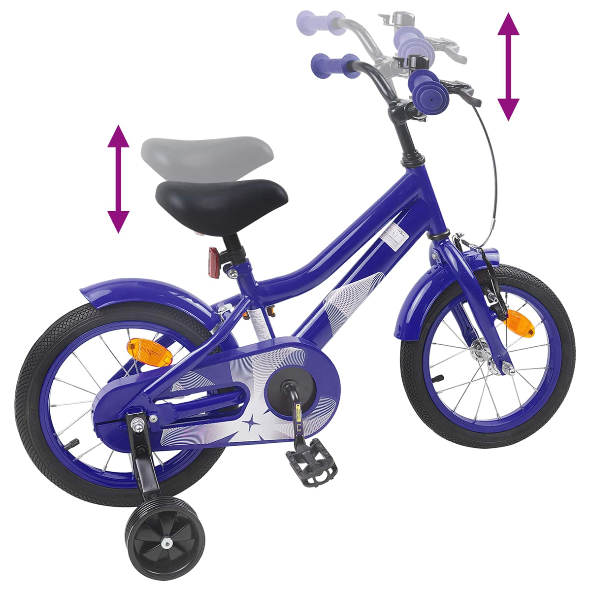 Ein blaues Kinderfahrrad mit Stützrädern und verstellbarem Sattel/Lenker.