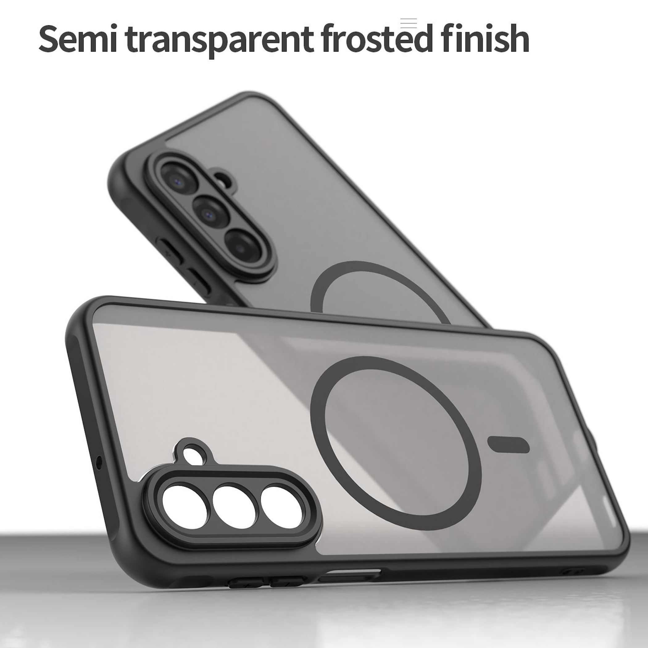 Zwei halbtransparente Handyhüllen mit kreisförmigem Muster und Kameraausschnitt.