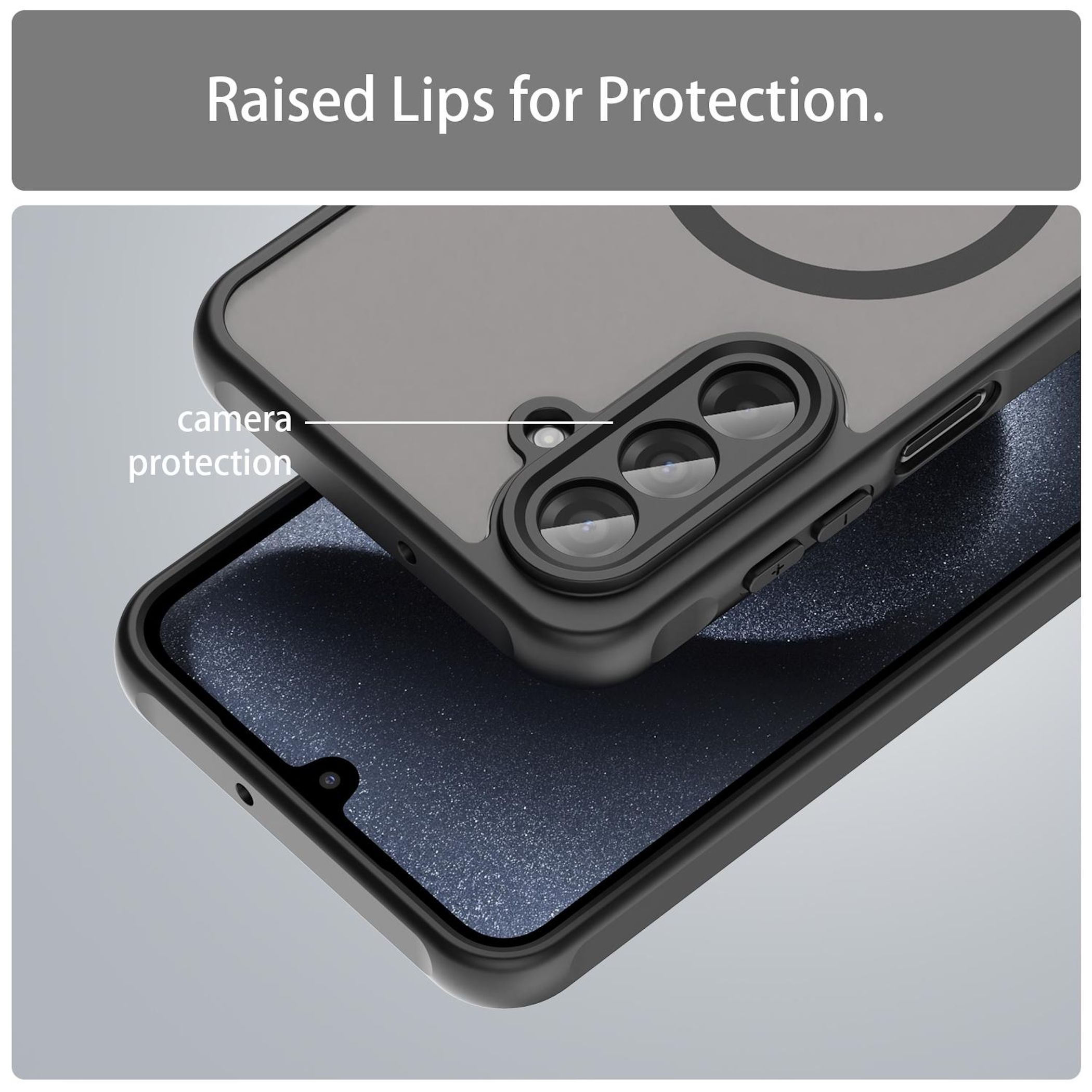 Schwarze Handyhülle mit Kameraaussparung auf einem dunklen Hintergrund.