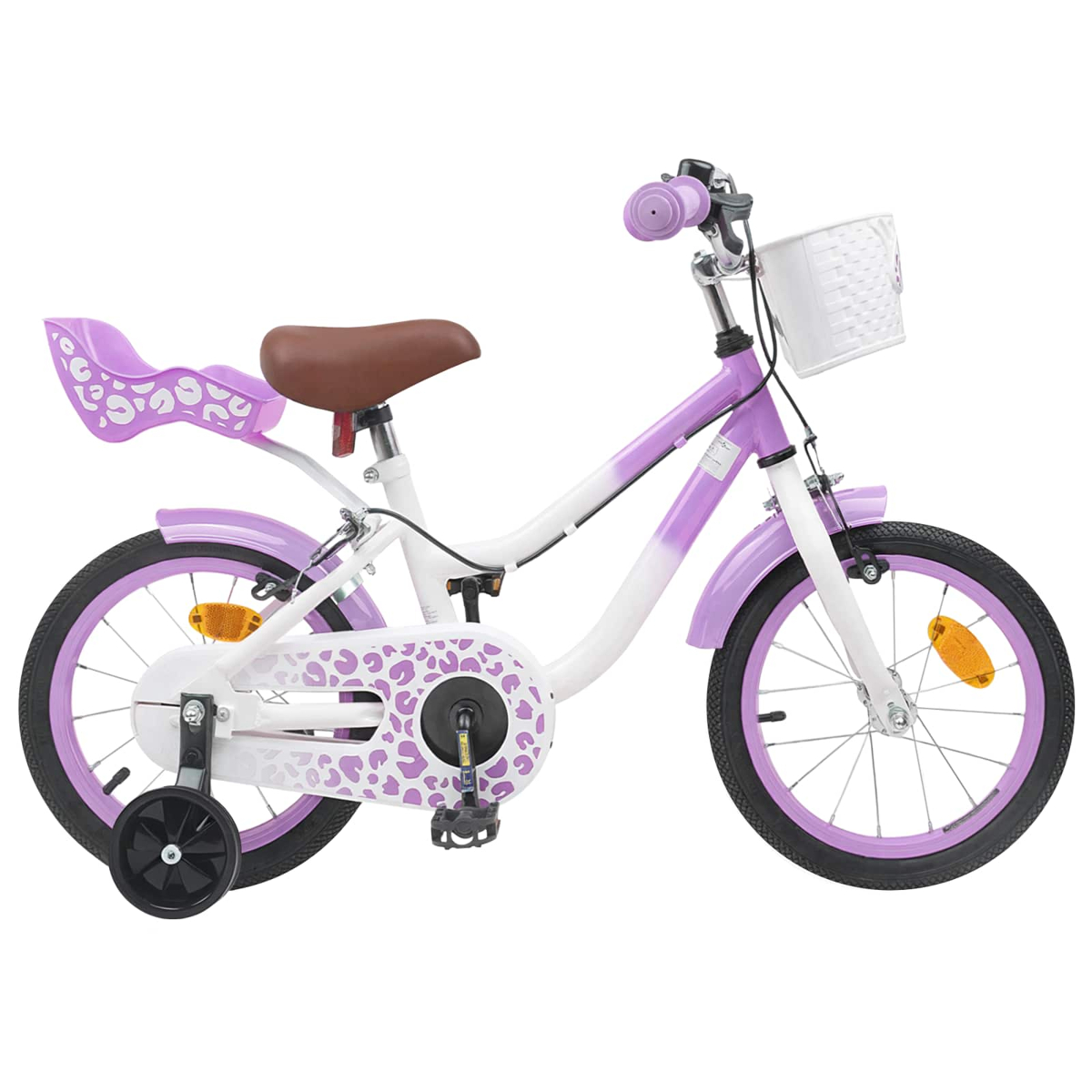 Lila und weiße Kinderfahrrad mit Stützrädern und weißen Korb.
