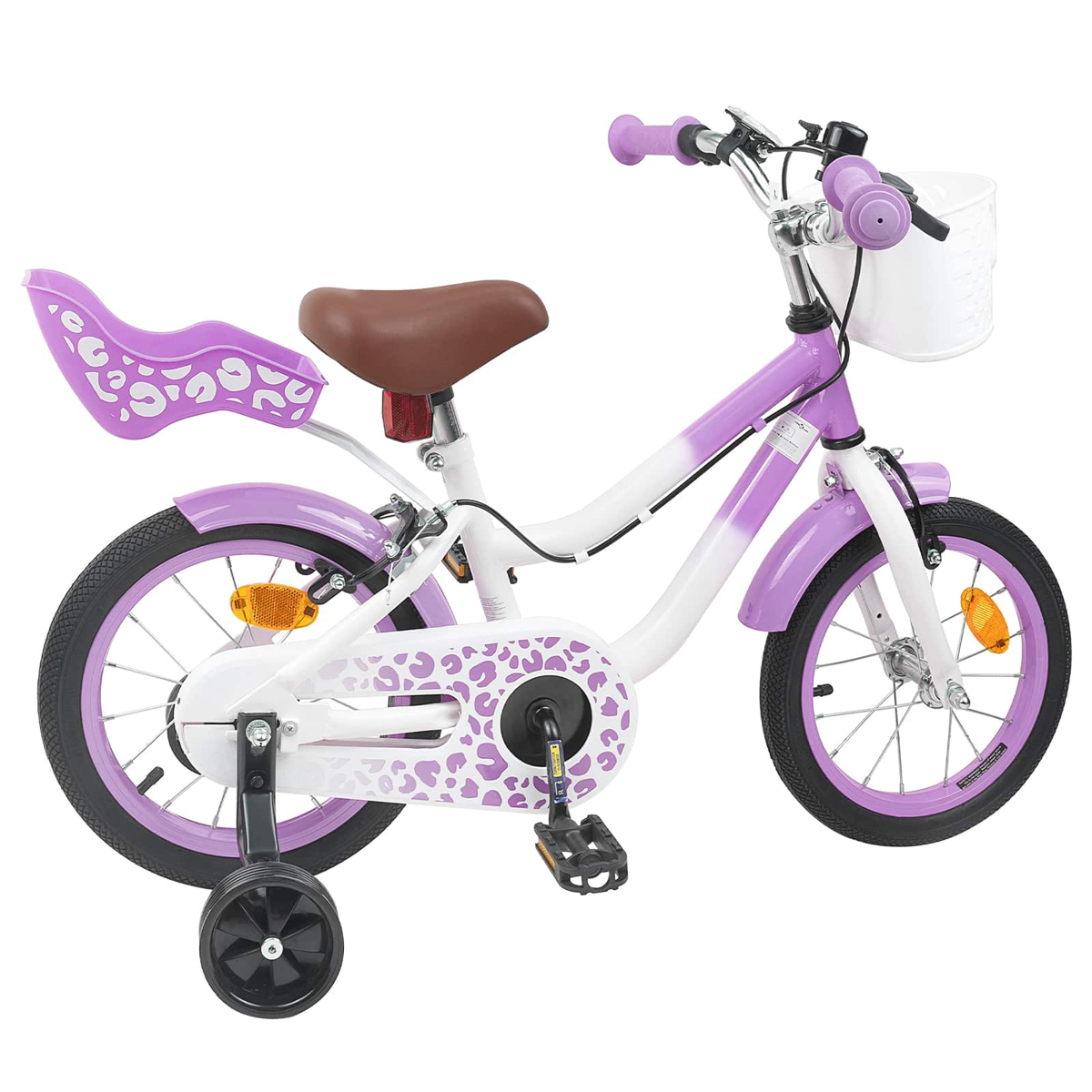 Lila-weißes Kinderfahrrad mit Stützrädern, braunem Sattel und weißem Korb.