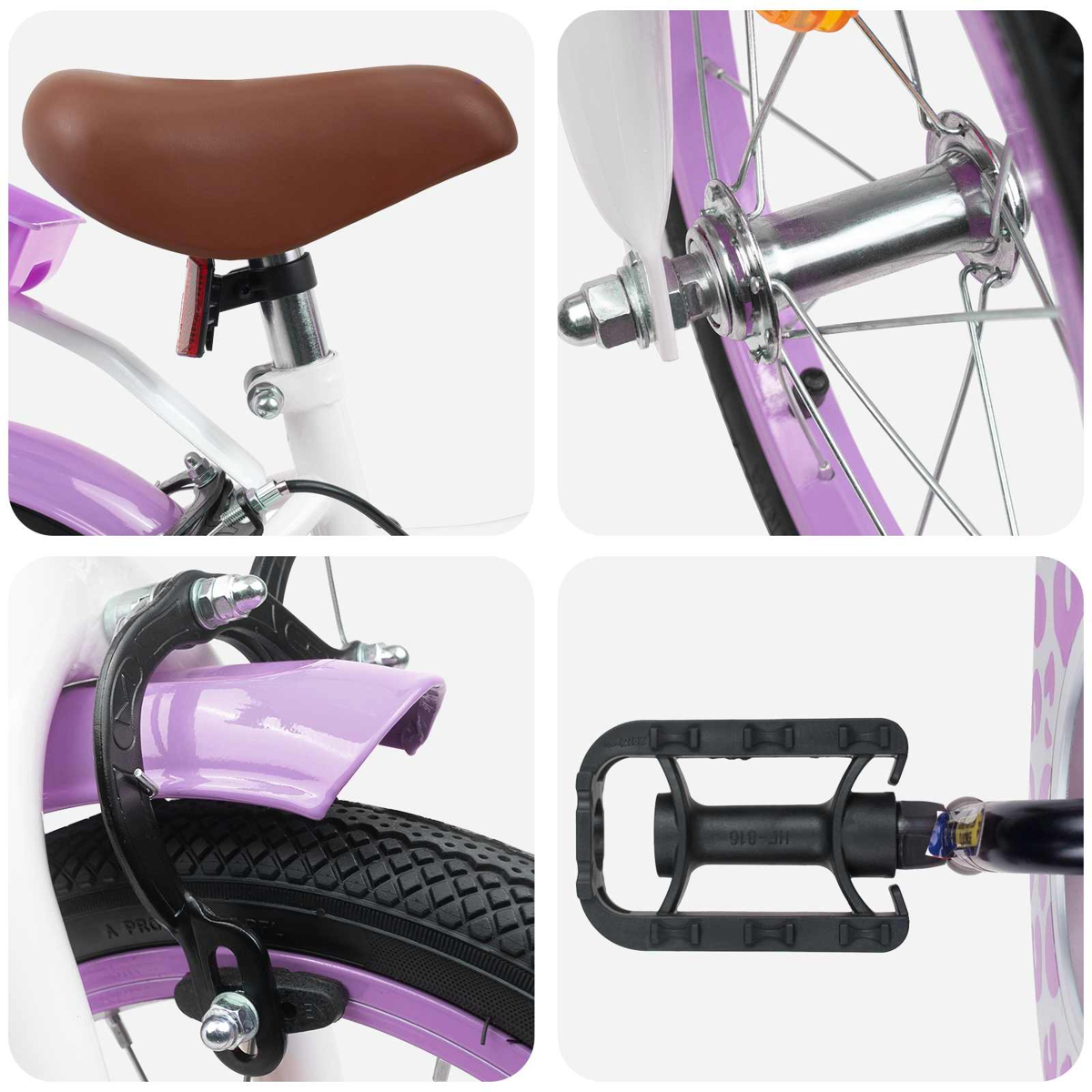 Details einer lila und weißen Kinderfahrrads: Sattel, Radnabe, Bremse, Pedal.