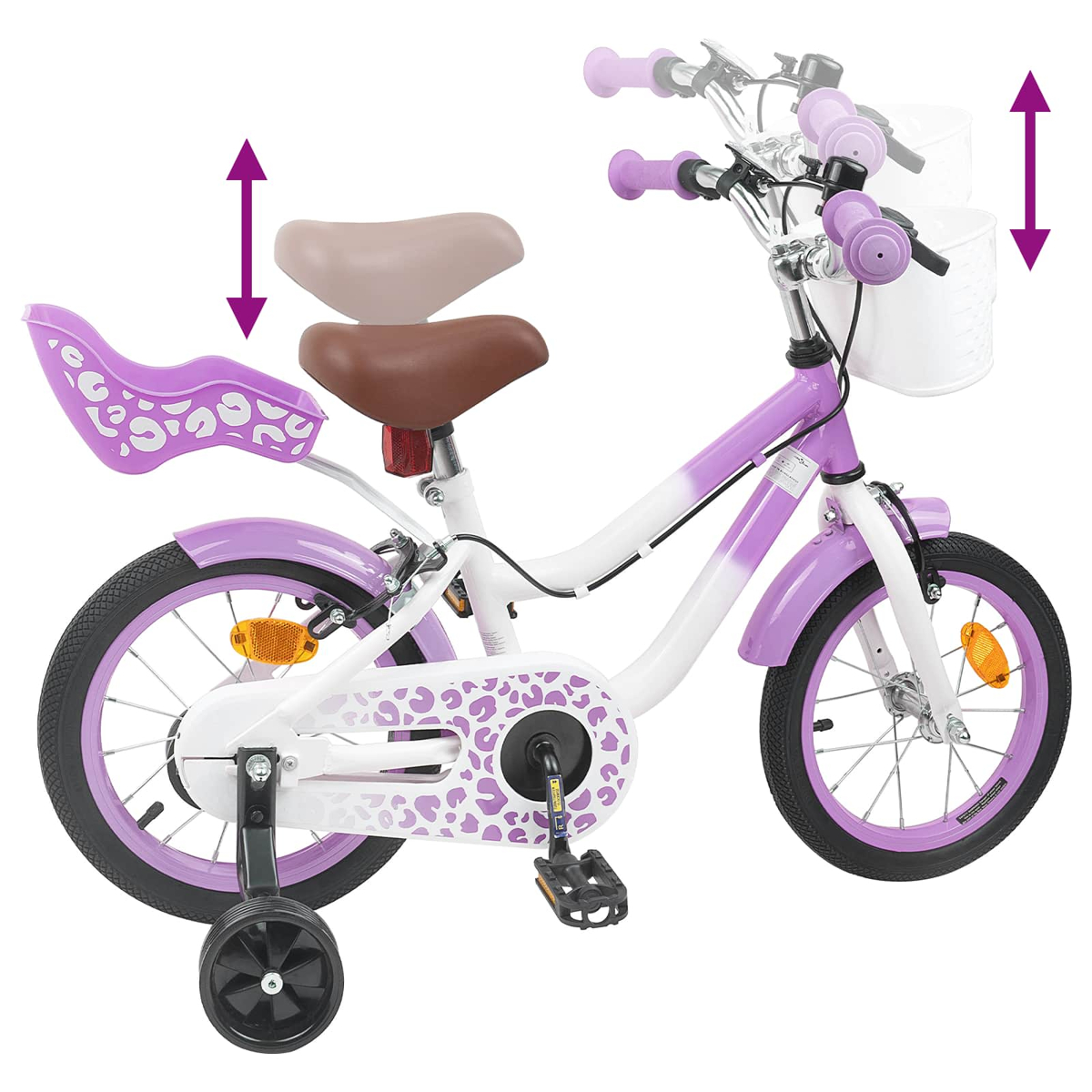 Ein lilafarbenes und weißes Kinderfahrrad mit Stützrädern und verstellbarem Sitz/Lenker.