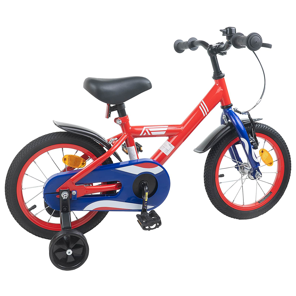 Ein rotes Kinderfahrrad mit blauen Akzenten und Stützrädern.