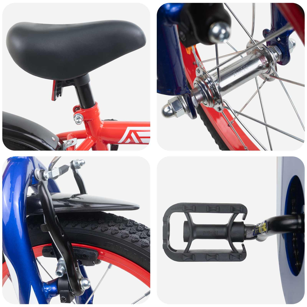 Detailansichten eines Kinderfahrrads: Sattel, Vorderradnabe, Vorderradbremse und Pedal.