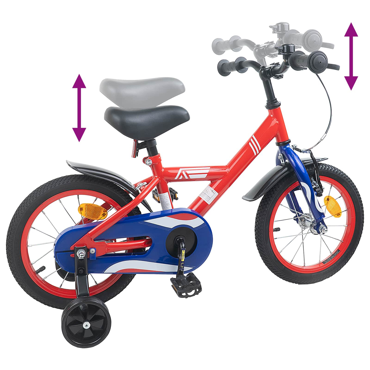 Rotes Kinderfahrrad mit Stützrädern, verstellbarem Sitz und Lenker.