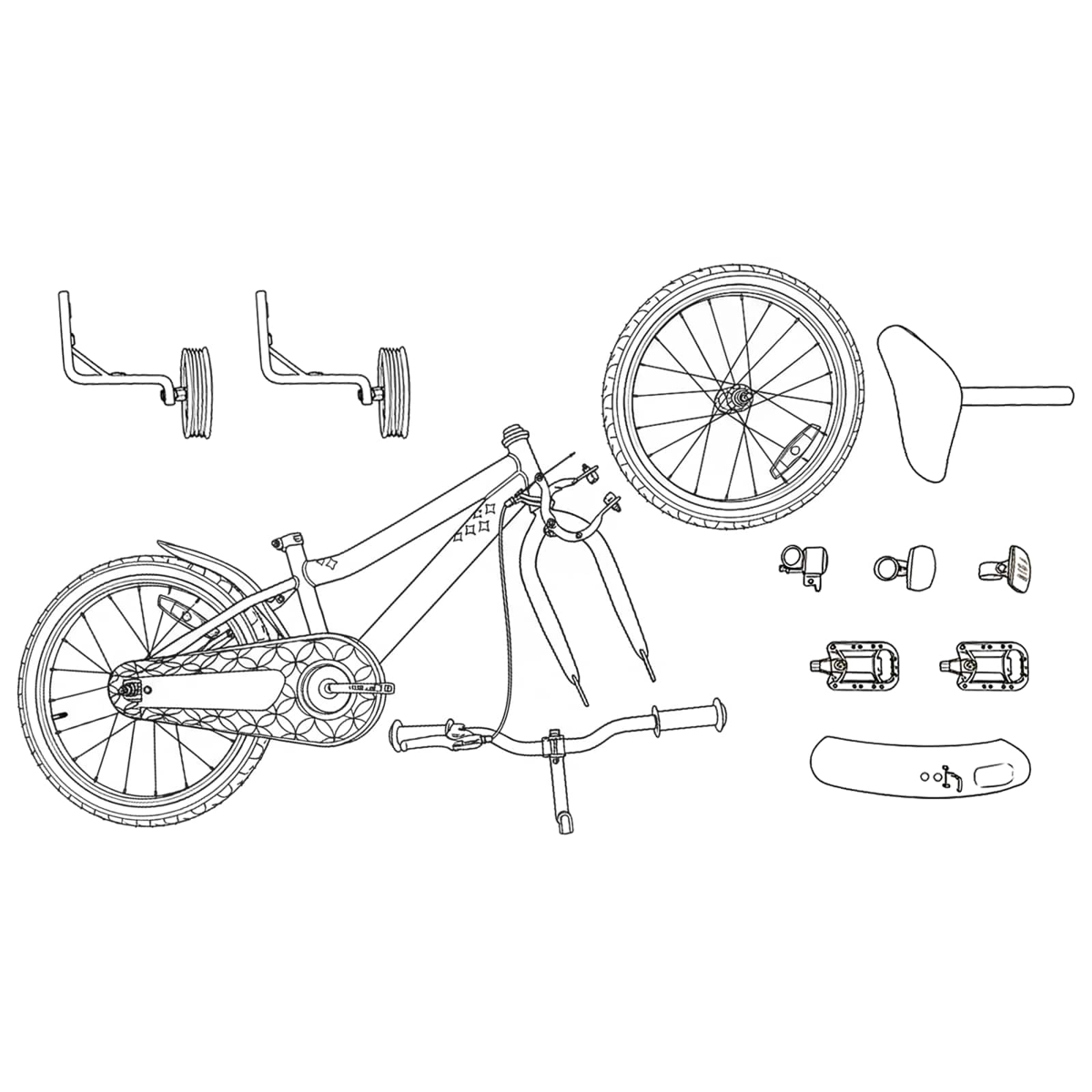 Zeichnung eines zerlegten Kinderfahrrads mit Rädern, Pedalen, Sattel und Stützrädern.