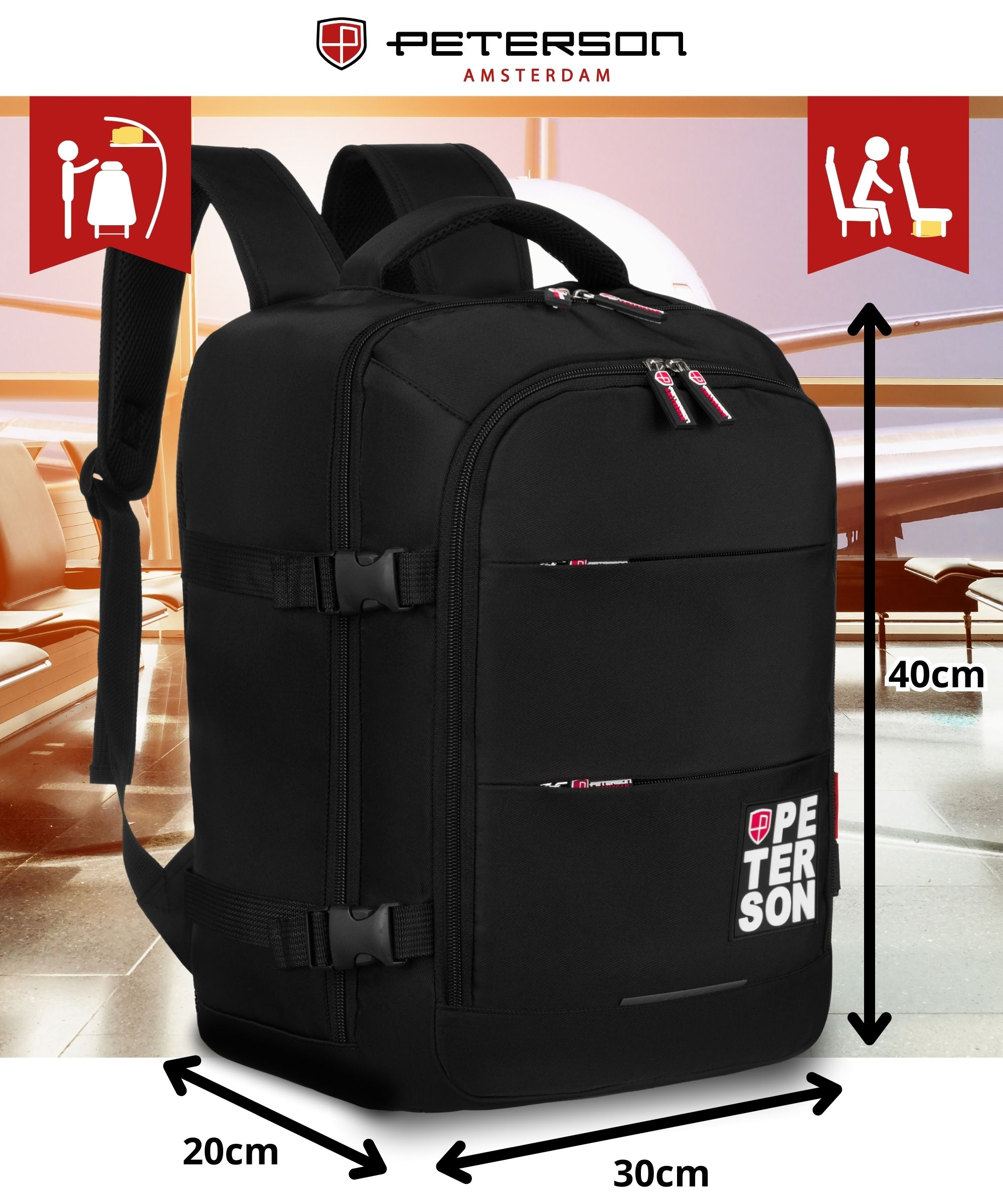 Czarny plecak z logo Peterson, wymiary 30x20x40cm, przed lotniskiem.