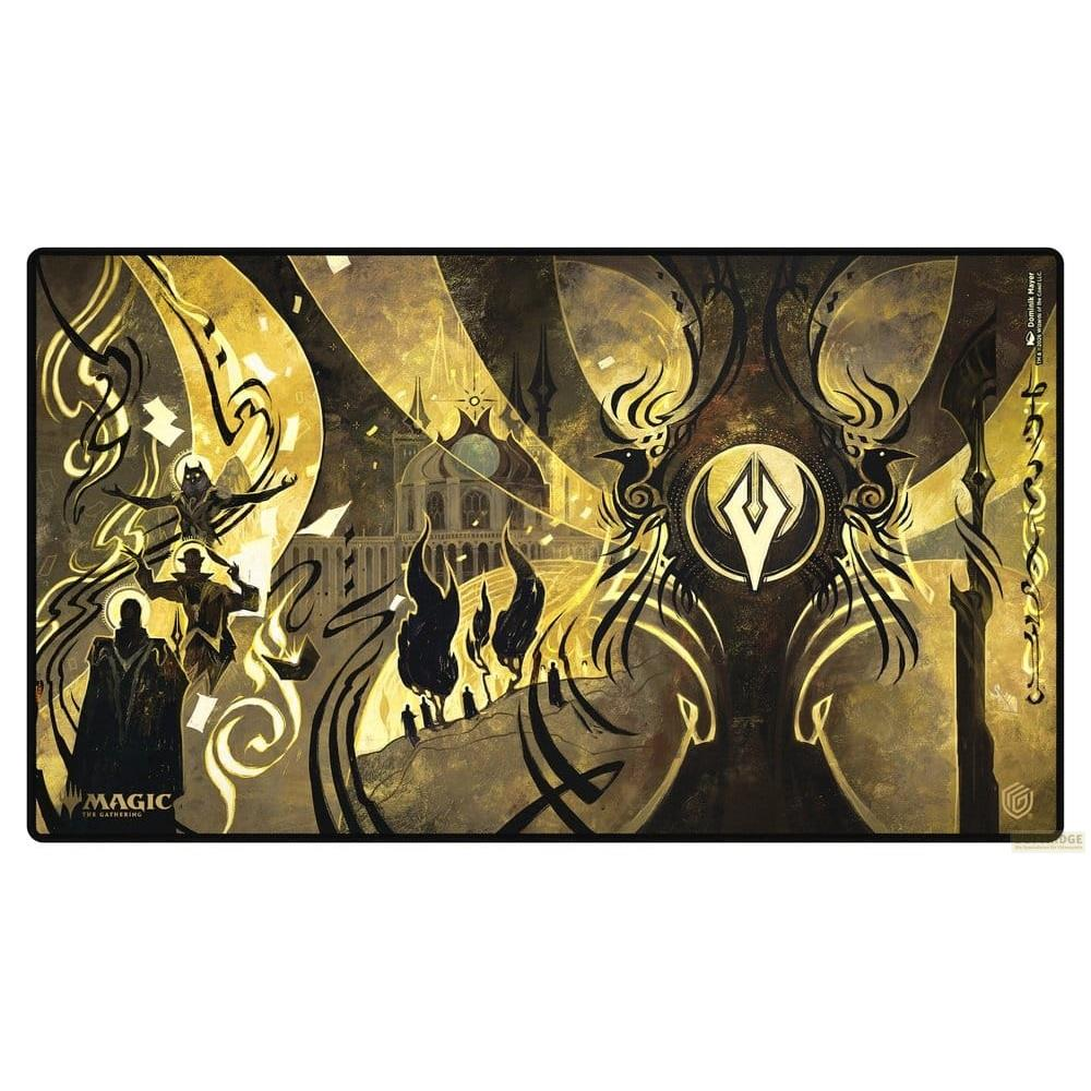 Magic The Gathering Kunst mit goldenen und schwarzen abstrakten Designs und Skyline.
