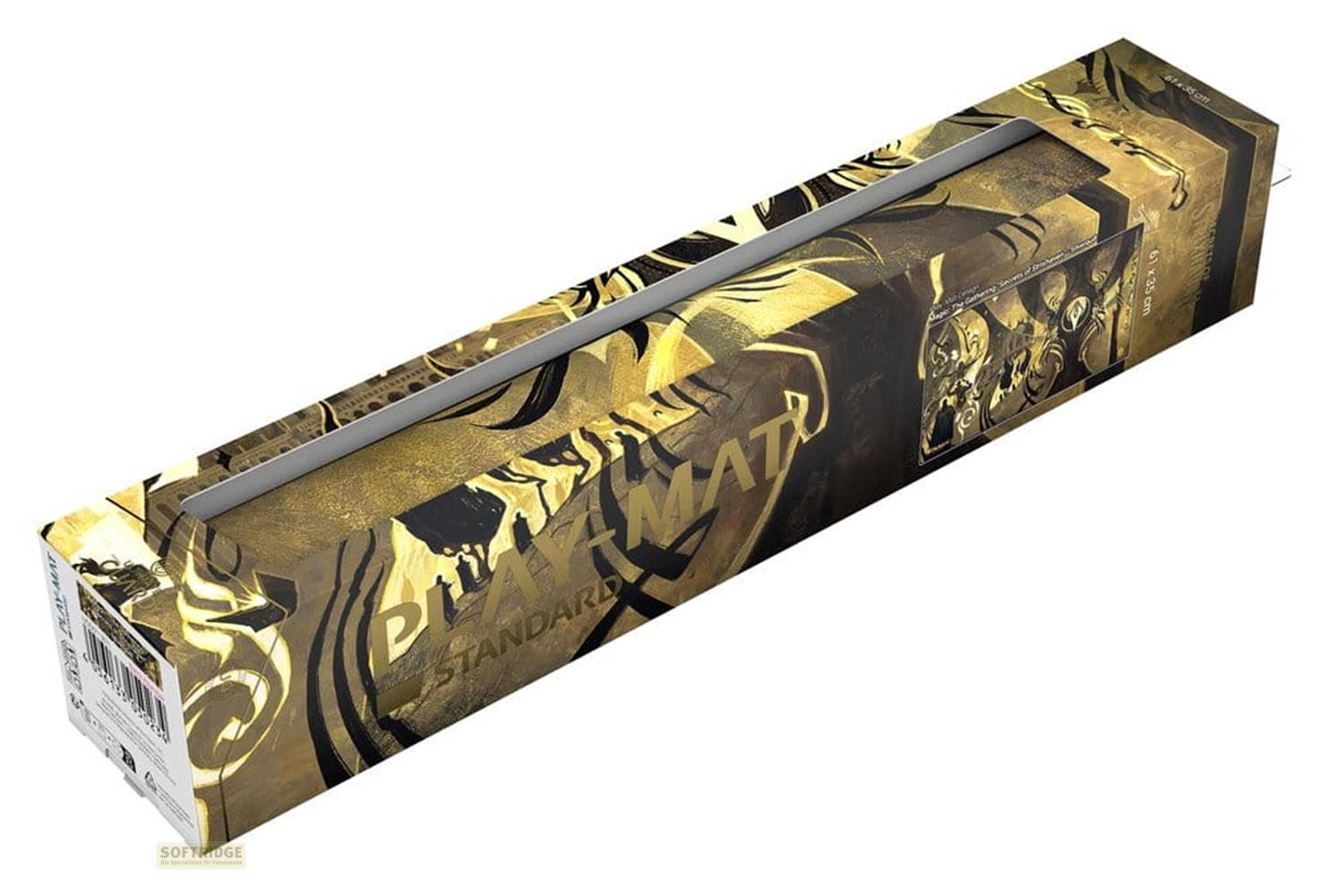 Goldene und schwarze Box mit der Aufschrift "PLAY-MAT" und Bildern.