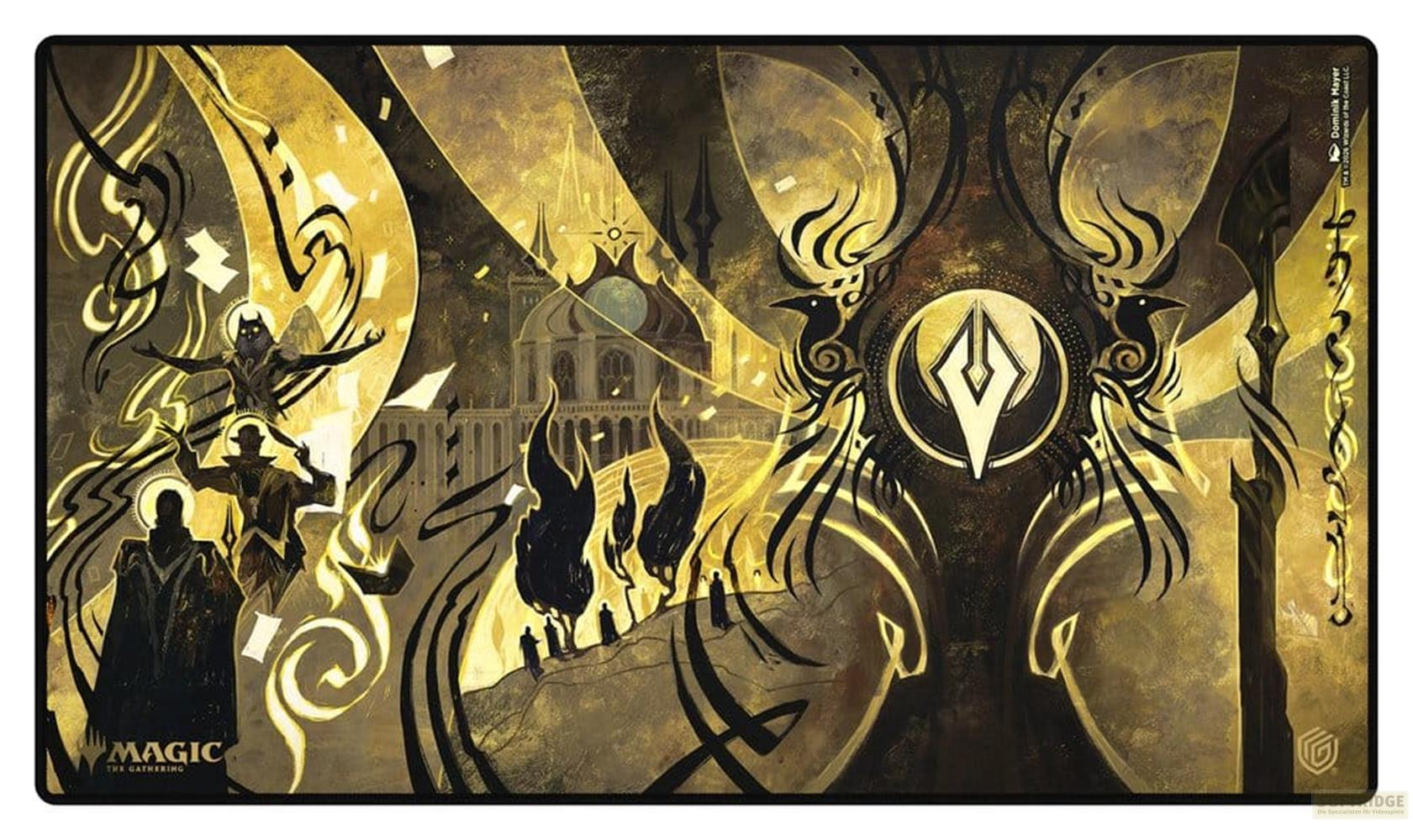 Magie Sammelmatte mit goldenen und schwarzen Verzierungen, Gebäude, Figuren und Symbolen.