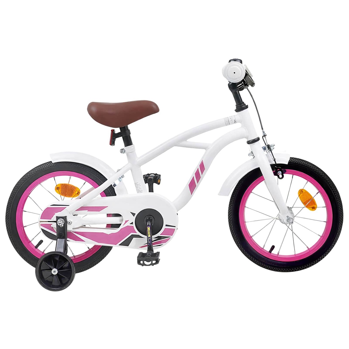 Weißes Kinderfahrrad mit pinken Akzenten, Stützrädern und braunem Sattel.