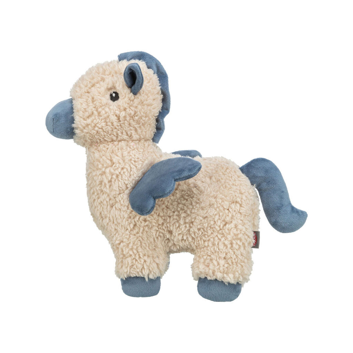 Ein flauschiges hellbraunes Pegasus-Stofftier mit blauen Flügeln, Mähne und Schwanz.