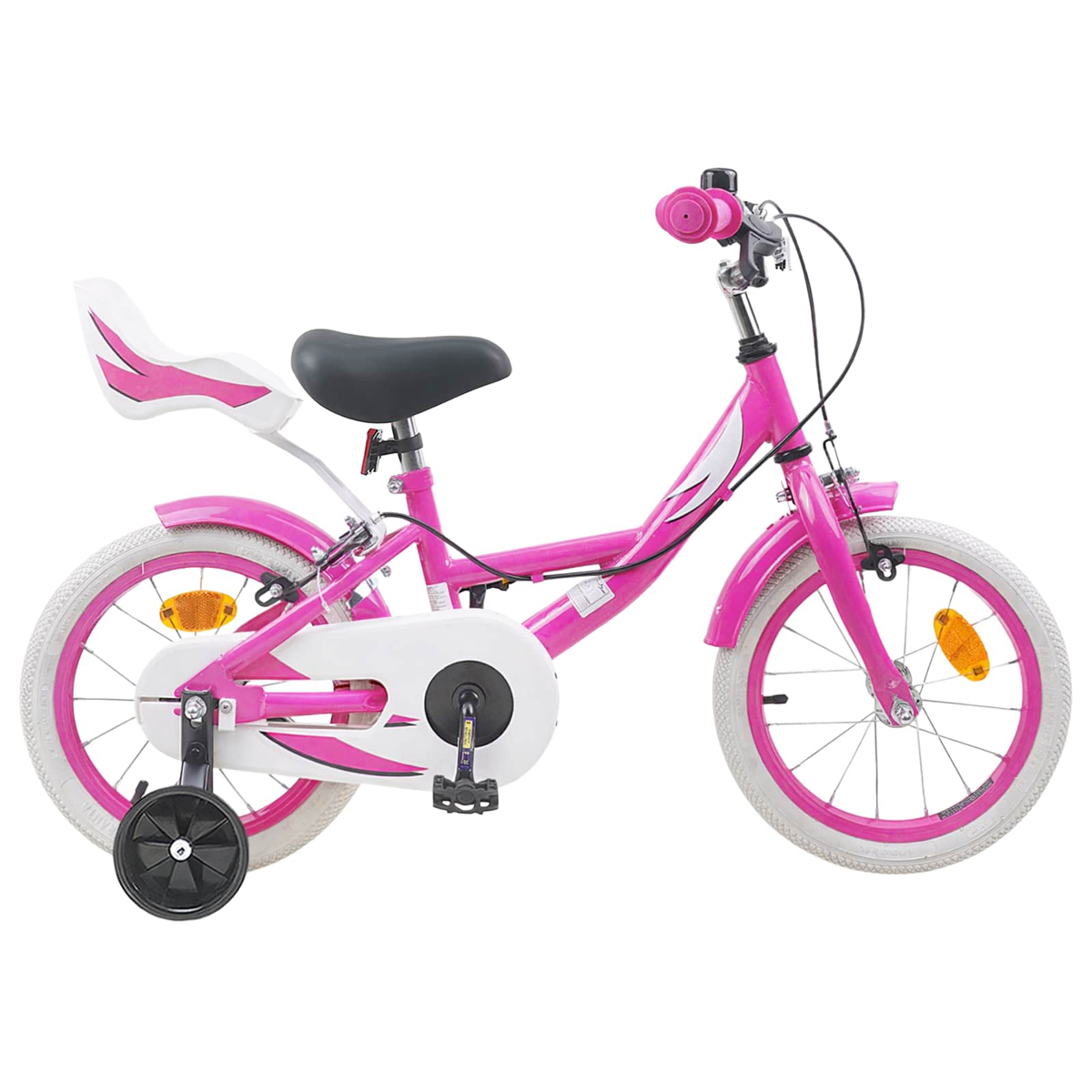 Ein pinkes Kinderfahrrad mit Stützrädern, weißer Sitzverkleidung und weißen Reifen.