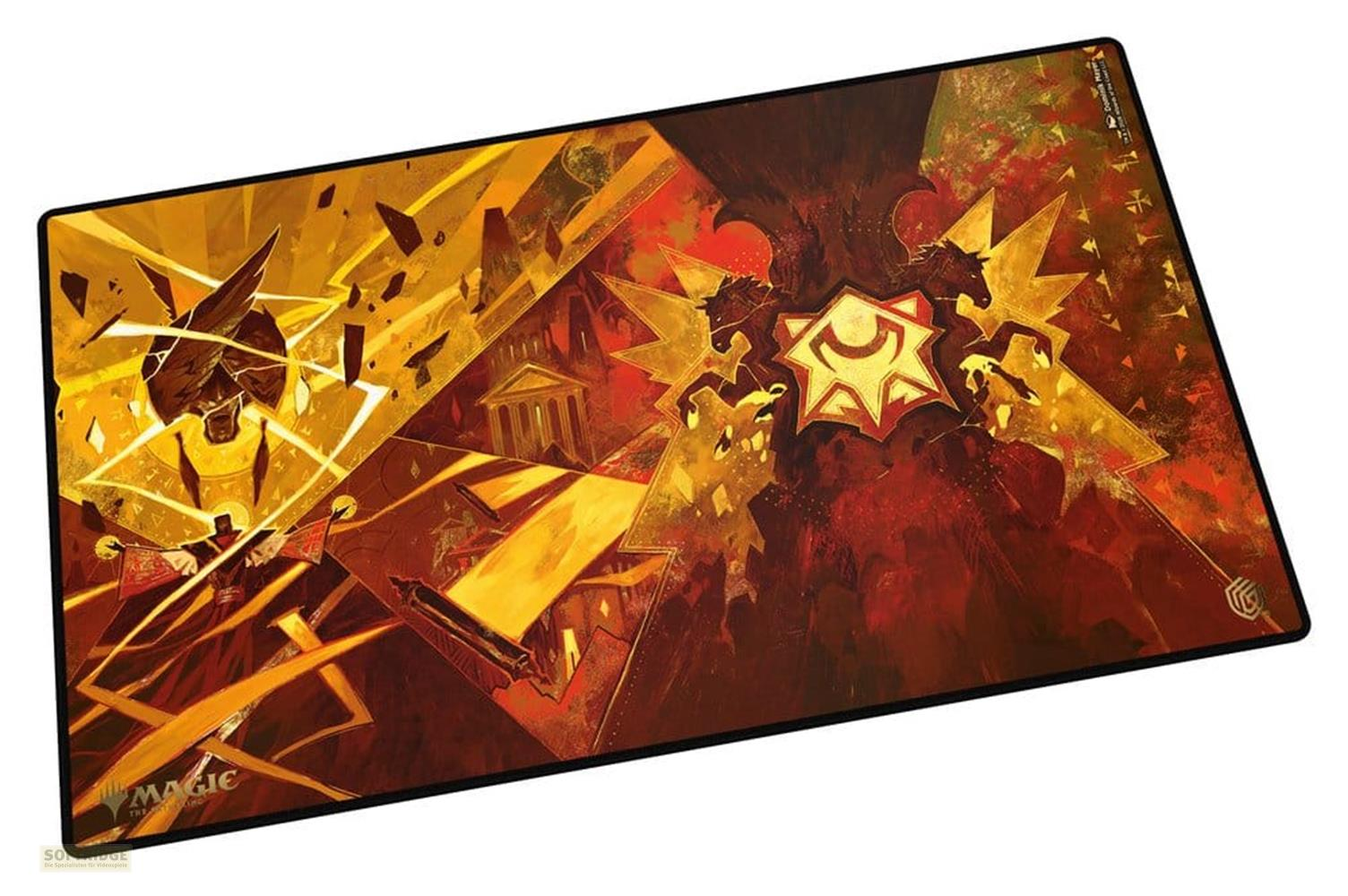 Un tappetino da gioco Magic: The Gathering con arte astratta rossa e dorata, raffigurante un cavallo alato e una figura.