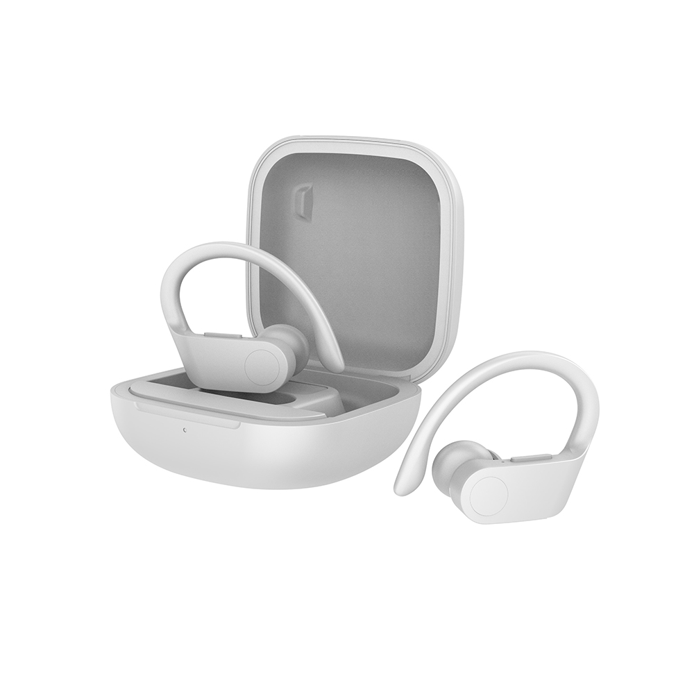 Auricolari wireless bianchi con custodia di ricarica, un auricolare è nella custodia.
