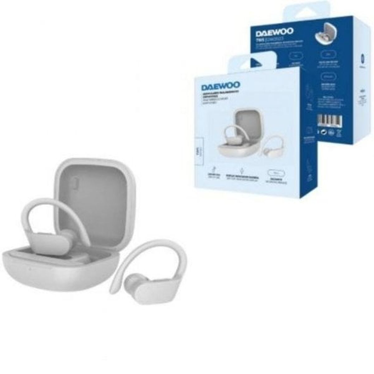 Auricolari wireless bianchi Daewoo con custodia di ricarica e confezione.