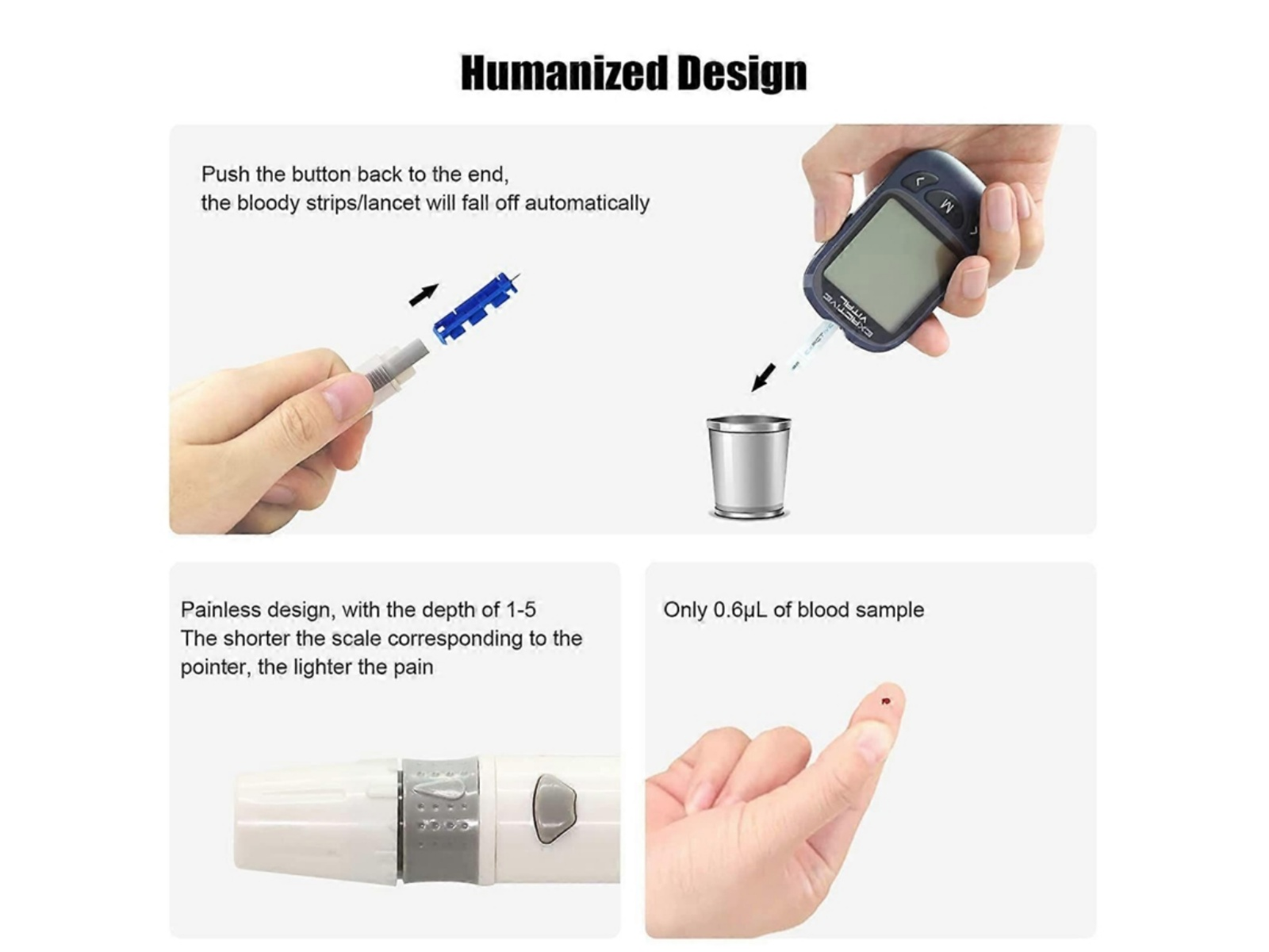 Diagramme zeigen die Verwendung eines Blutzuckermessgeräts: Lanzette einsetzen, testen, Blutprobe.