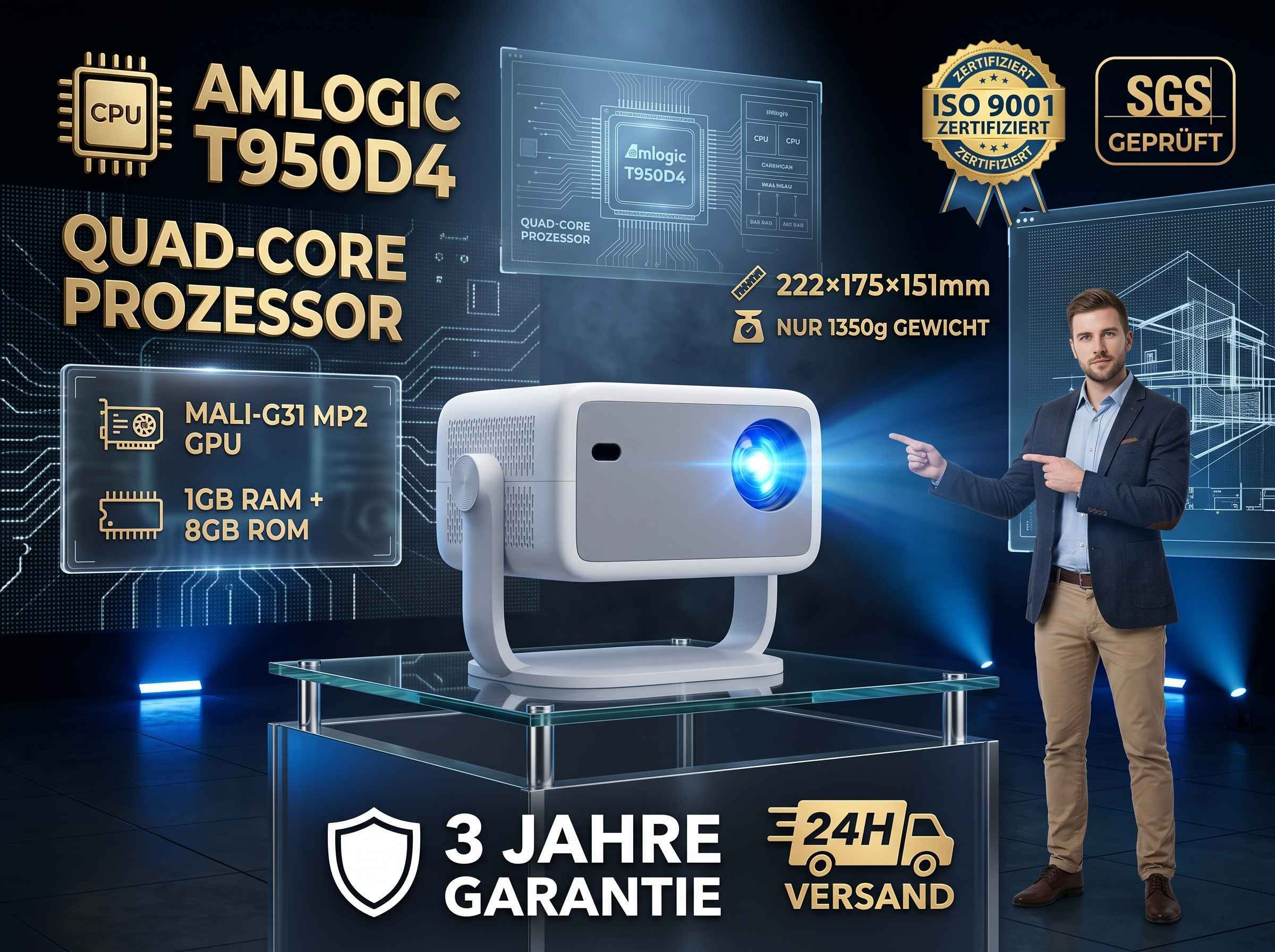 Ein Mann zeigt auf einen weißen Projektor mit Amlogic T950D4 Prozessor.