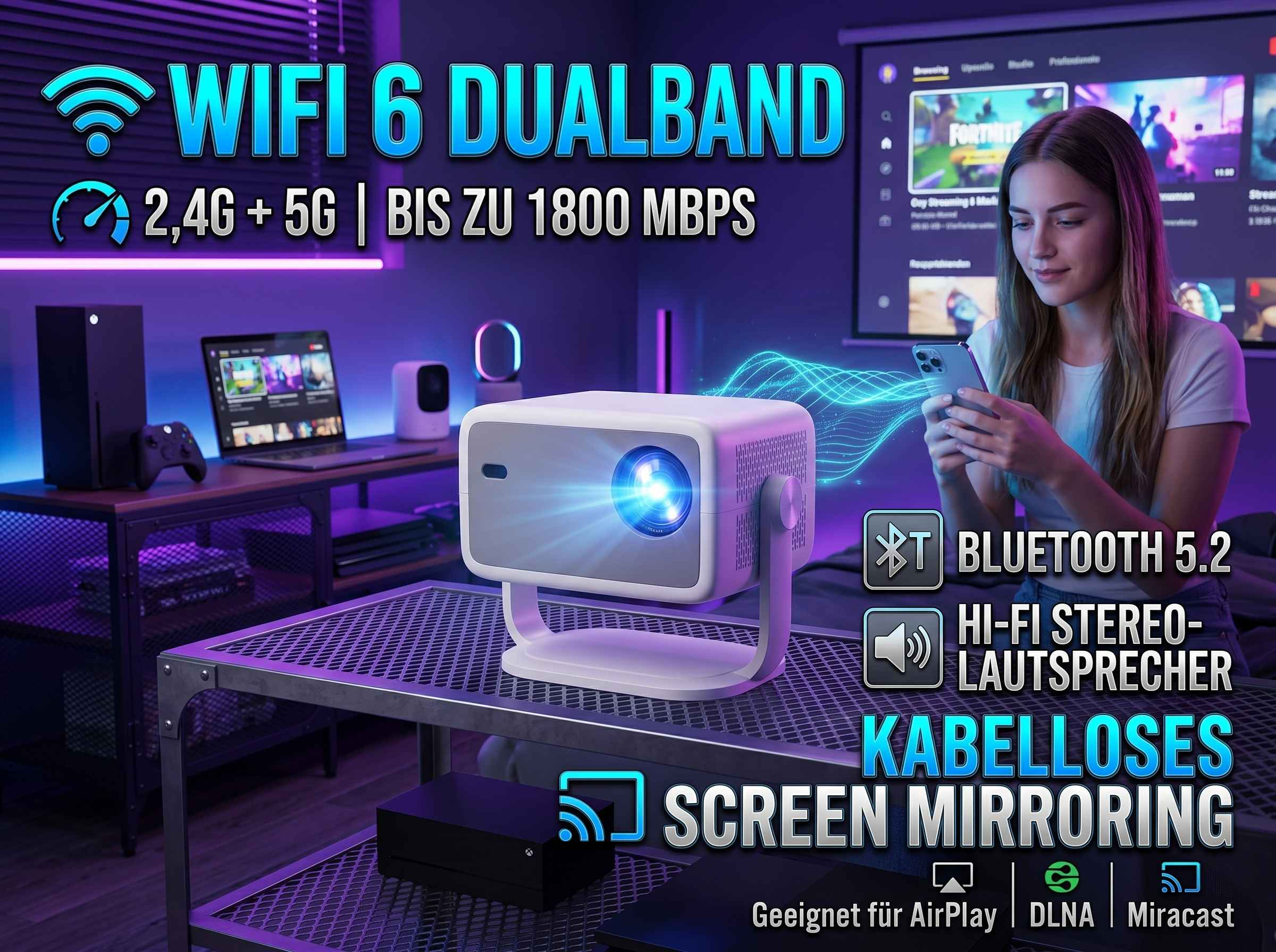 Ein Projektor, Laptop, Xbox und Handy mit Anzeige von WiFi 6, Bluetooth 5.2 und Screen Mirroring.
