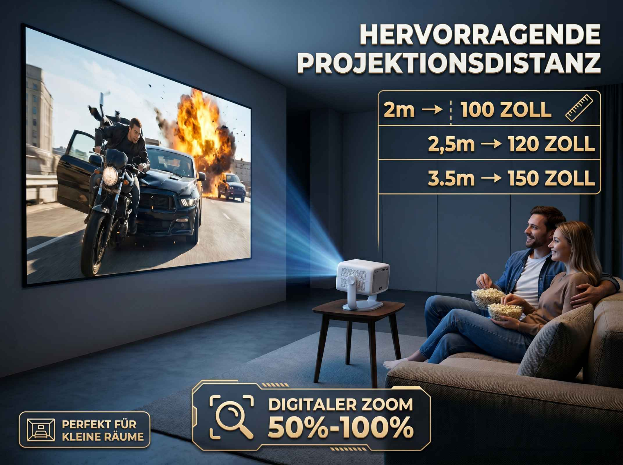 Ein Mann auf einem Motorrad fährt vor einer Explosion davon, während ein Paar Popcorn isst.