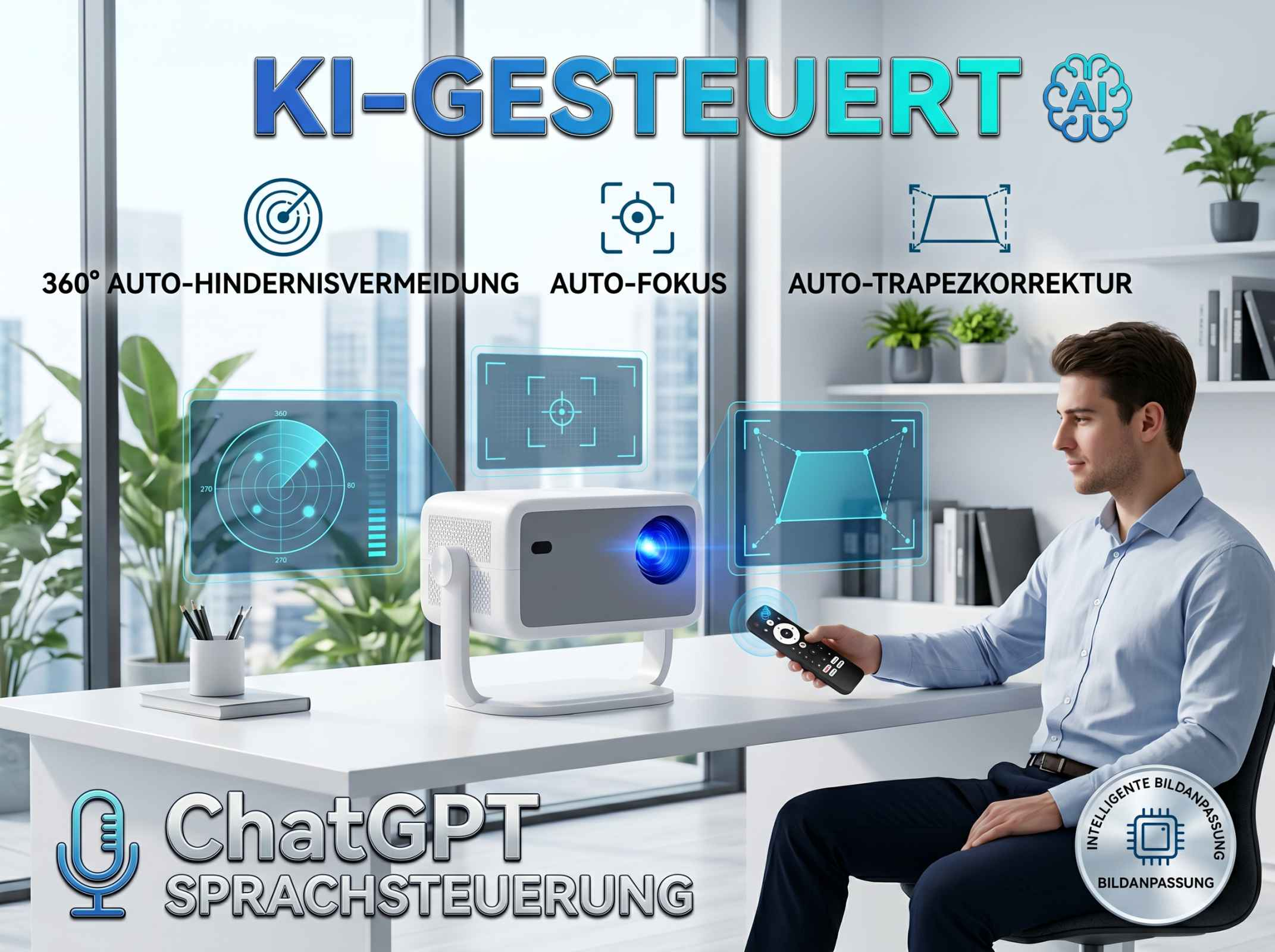 KI-gesteuerter Projektor mit 360° Hindernisvermeidung, Autofokus und Trapezkorrektur.