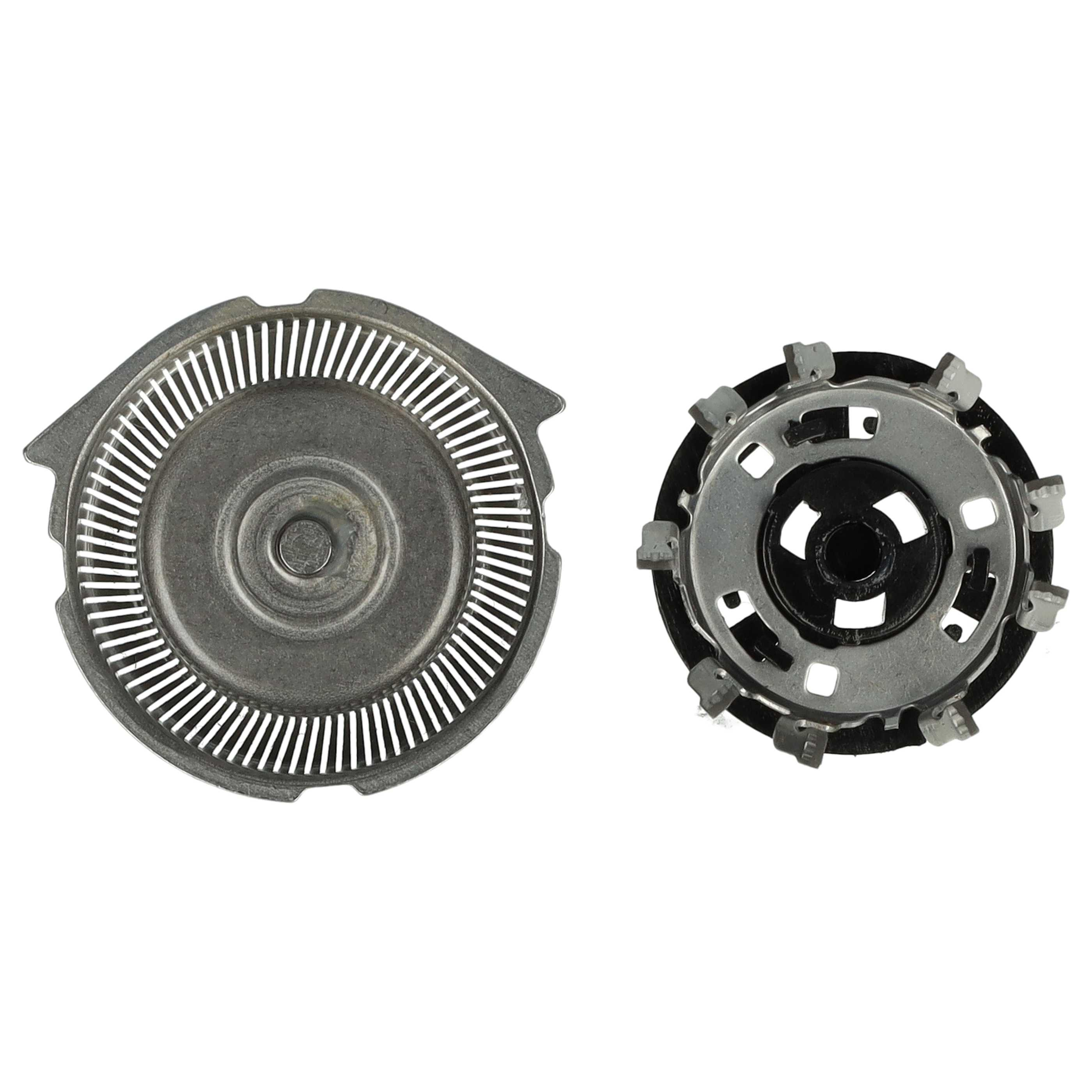 Zwei Metallklingen, links eine runde mit Schlitzen, rechts eine kleinere mit Zähnen.