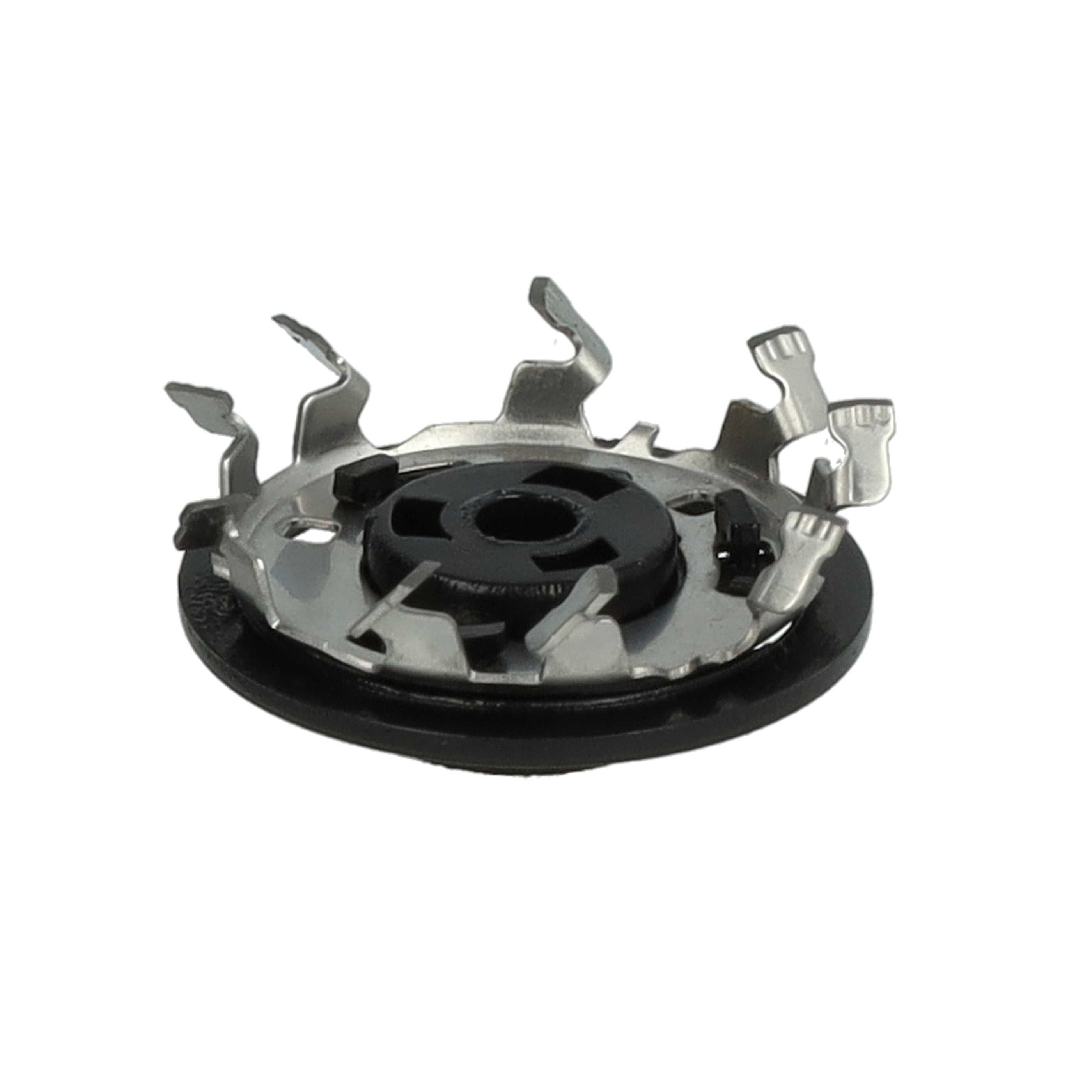 Ein silberner Metallaufsatz mit schwarzem Mittelteil und gebogenen Metallflügeln.