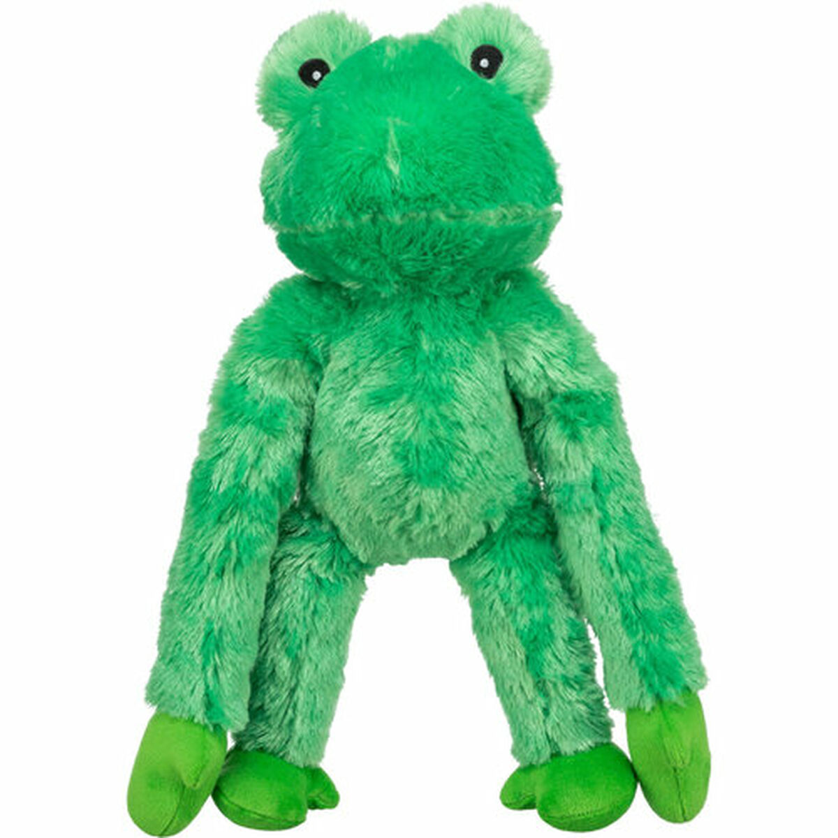 Un peluche verde y esponjoso de rana con las patas separadas.