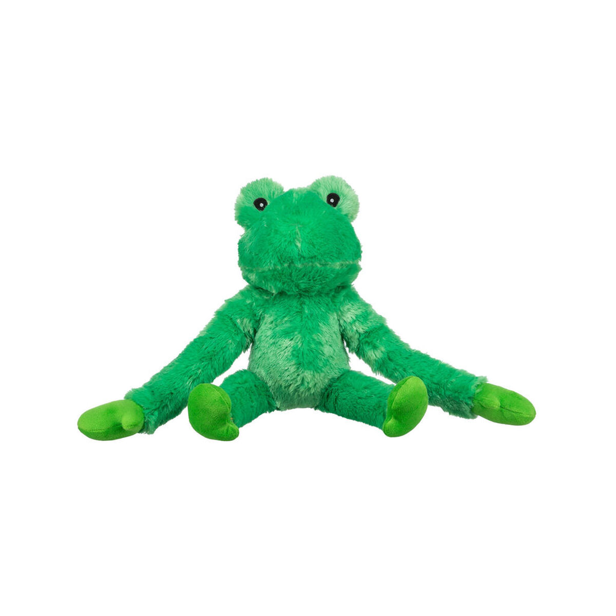 Un peluche de rana verde con ojos grandes se sienta erguido.