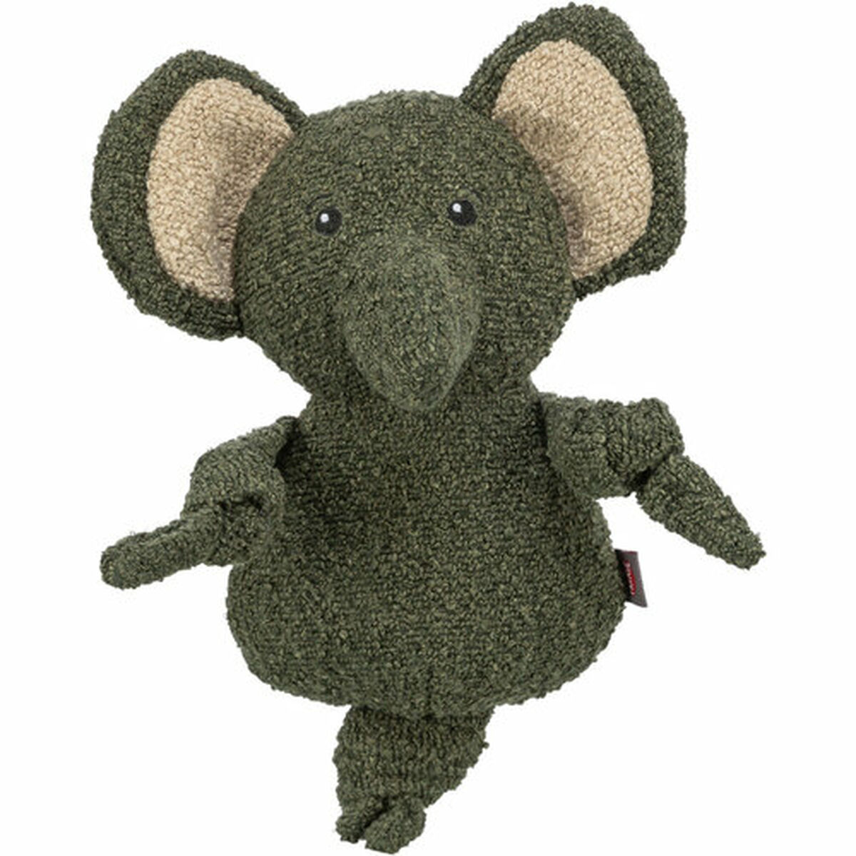 Ein grüner Plüschelefant mit großen Ohren steht vor einem weißen Hintergrund.