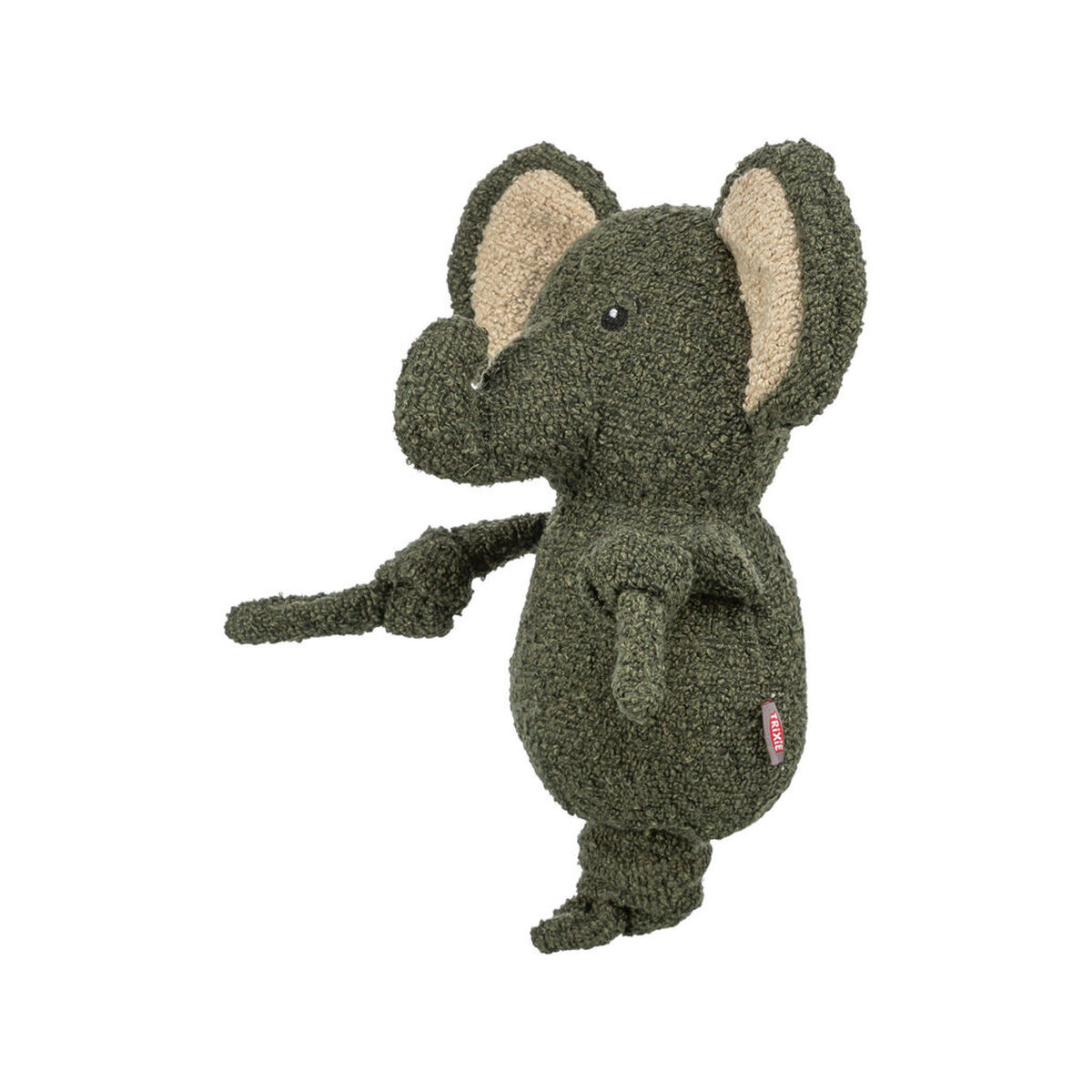 Ein grüner Plüschelefant mit großen Ohren steht da.