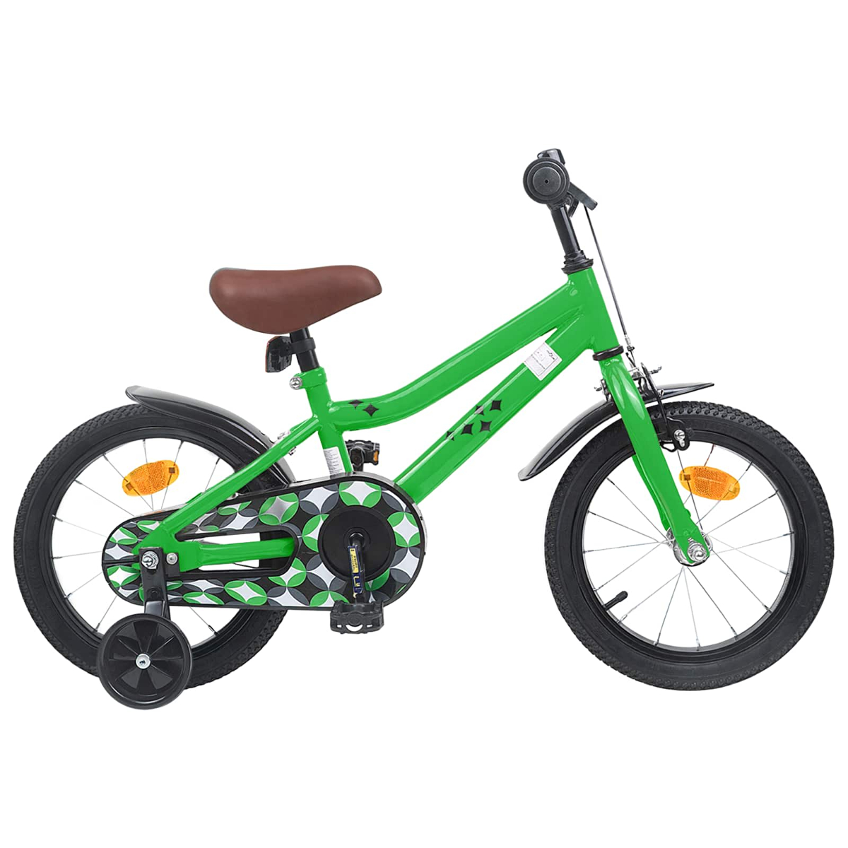 Ein grünes Kinderfahrrad mit braunem Sattel und Stützrädern.