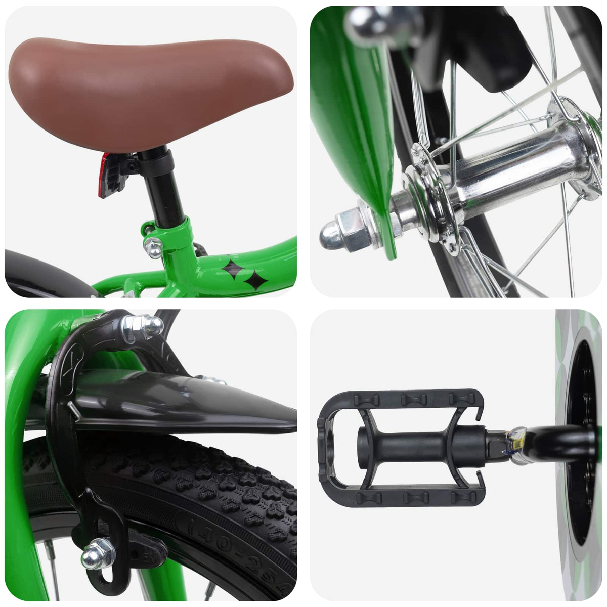Fahrradteile: brauner Sattel, grüne Rahmen, Speichenrad, Bremse, Pedal.