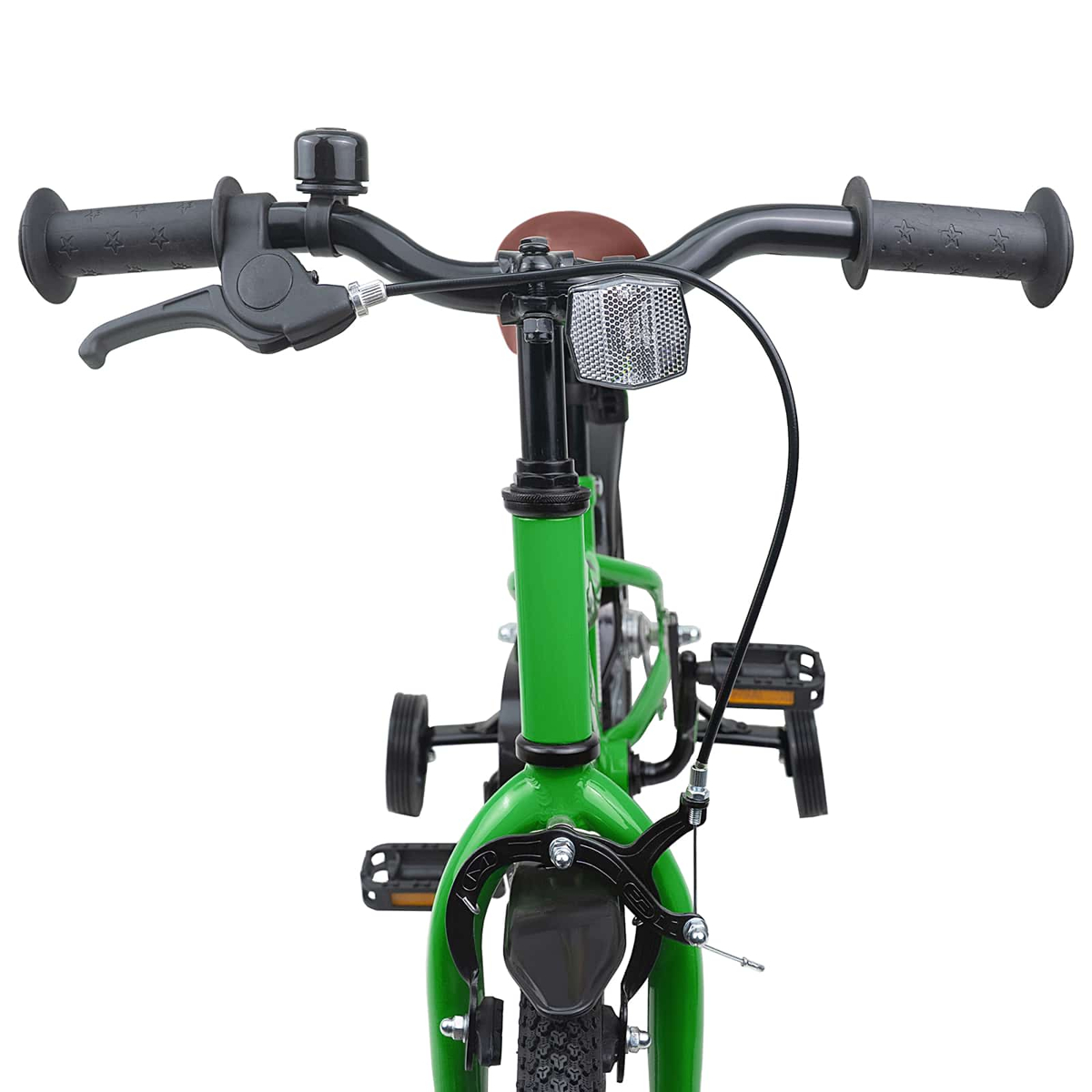 Grünes Kinderfahrrad mit Lenker, Klingel, Reflektor und Stützrädern.