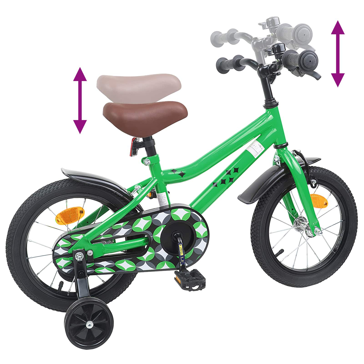 Ein grünes Kinderfahrrad mit Stützrädern, verstellbarer Sattelhöhe und Lenker.