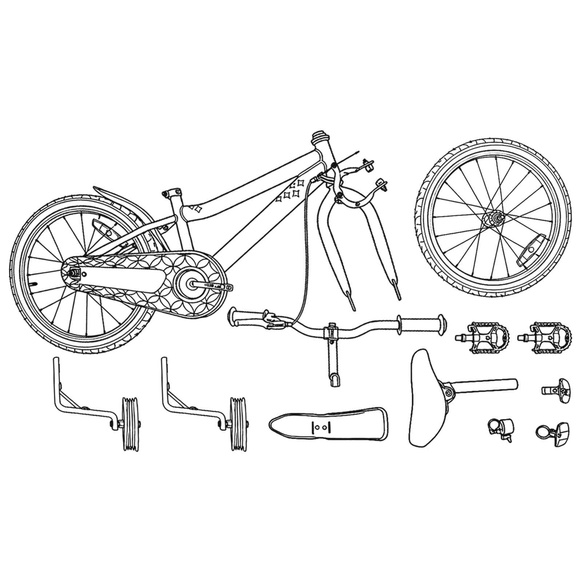 Ein Fahrradrahmen mit Rädern, Lenker, Sattel und Pedalen.