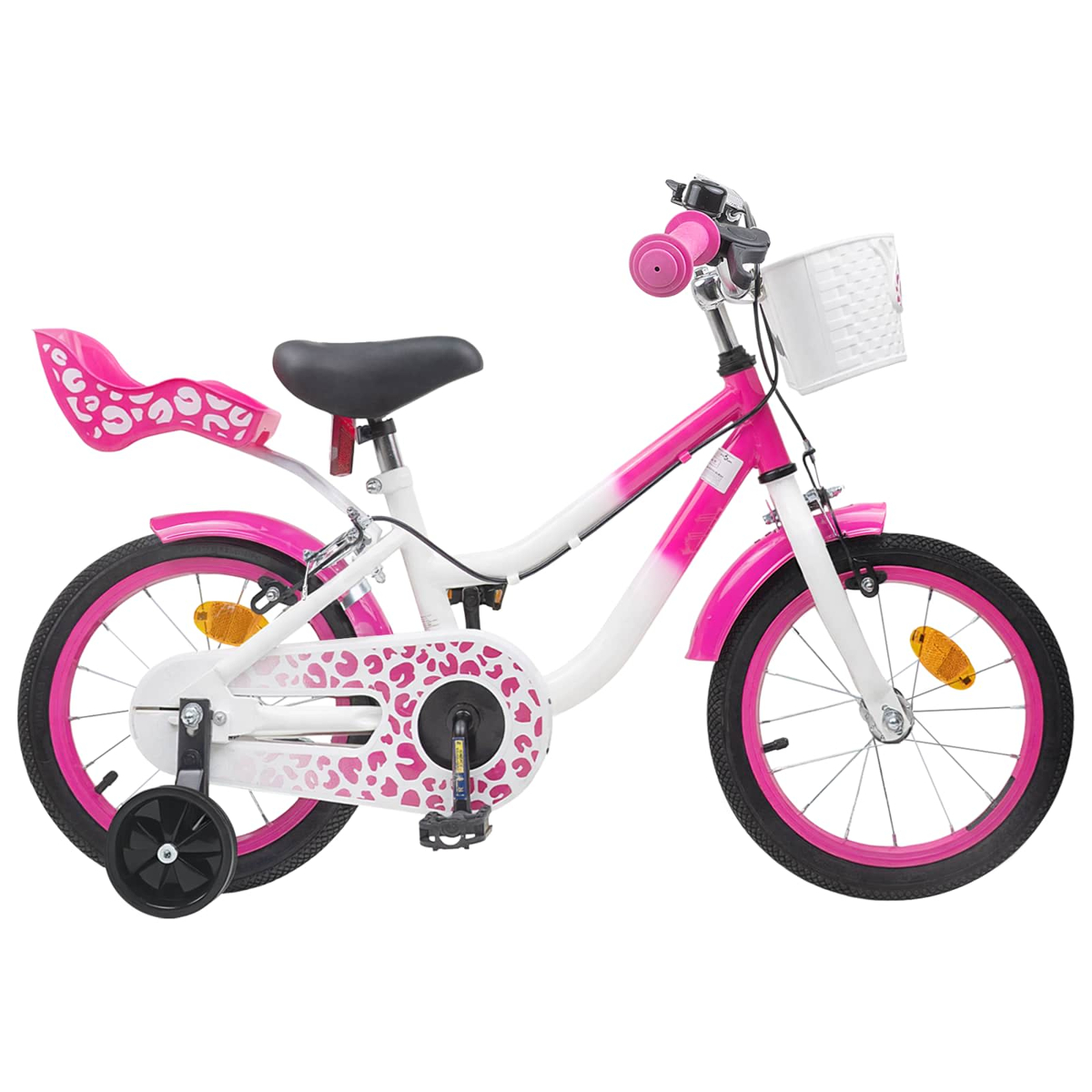 Ein weißes und pinkes Fahrrad mit Stützrädern und einem Korb.