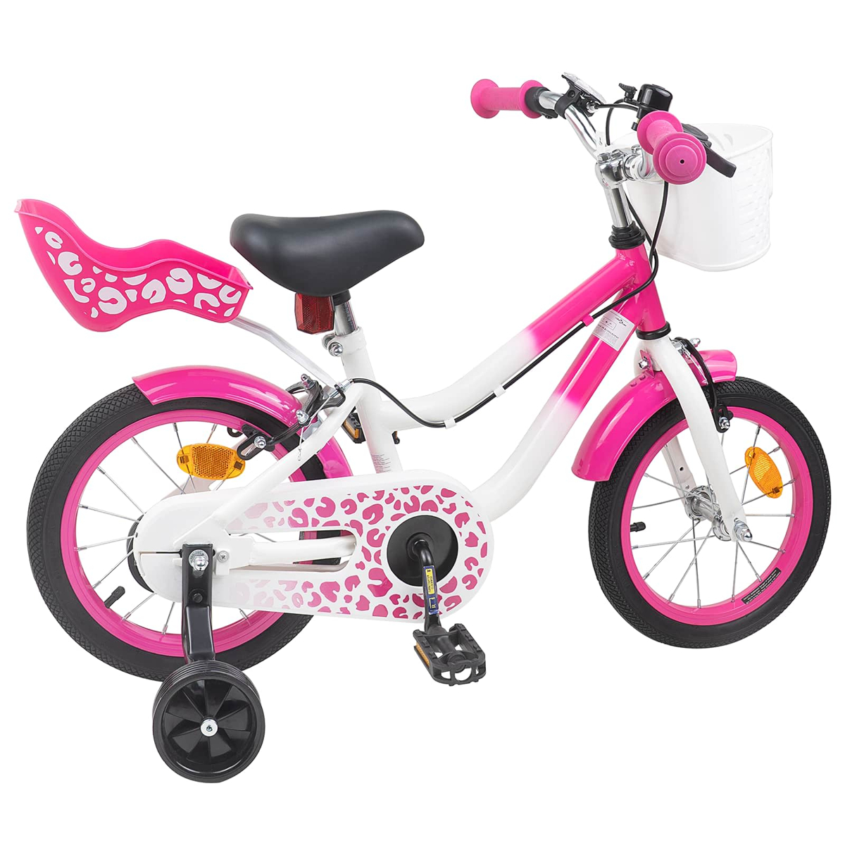 Ein pink-weißes Kinderfahrrad mit Stützrädern und einem Korb.