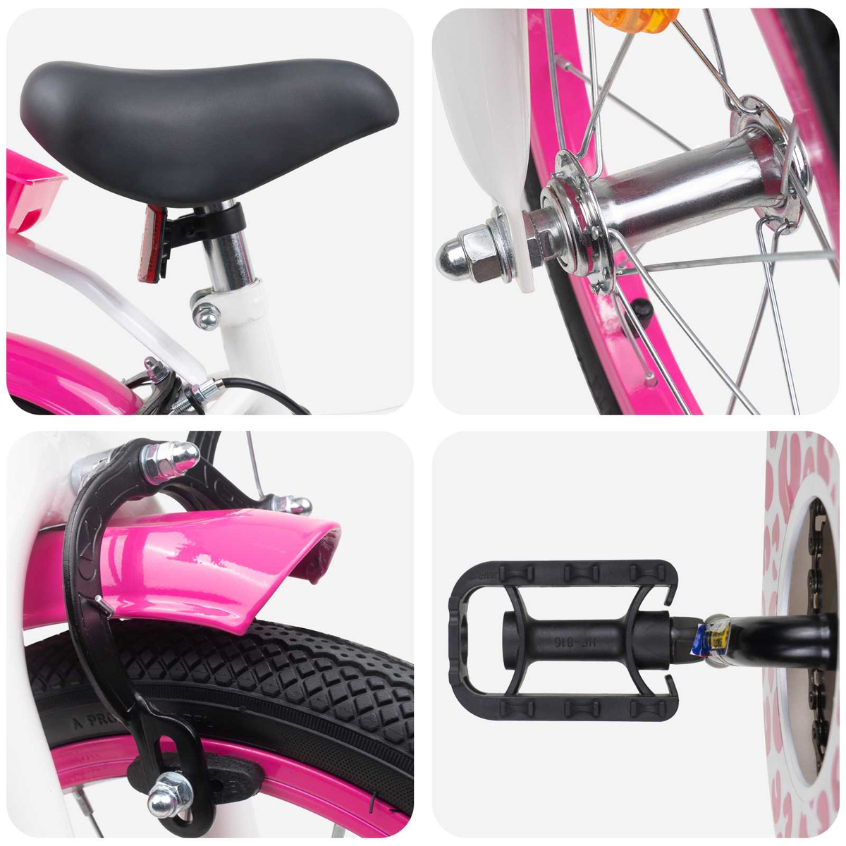 Detailaufnahmen eines Kinderfahrrads: Sattel, Vorderradnabe, Vorderradbremse und Pedal.