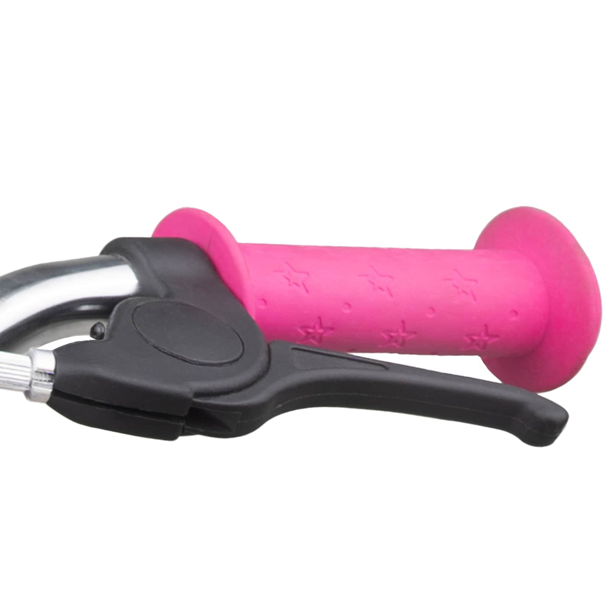 Pinker Fahrradgriff mit Sternenmuster und schwarzem Bremshebel an Chromstange.