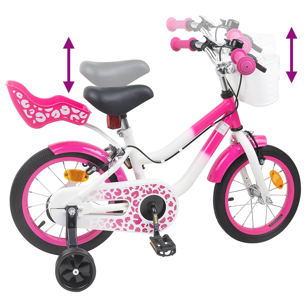 Ein pink-weißes Kinderfahrrad mit Stützrädern, rosa Griffen und einem Korb.