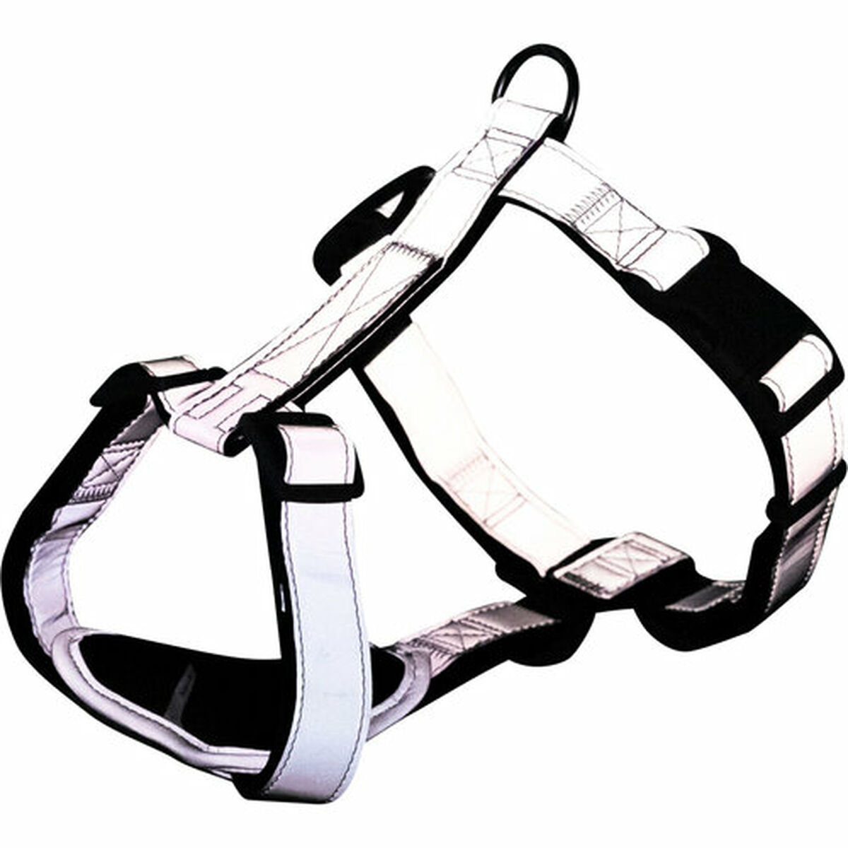 Un arnés blanco para perros con detalles negros y tiras reflectantes.