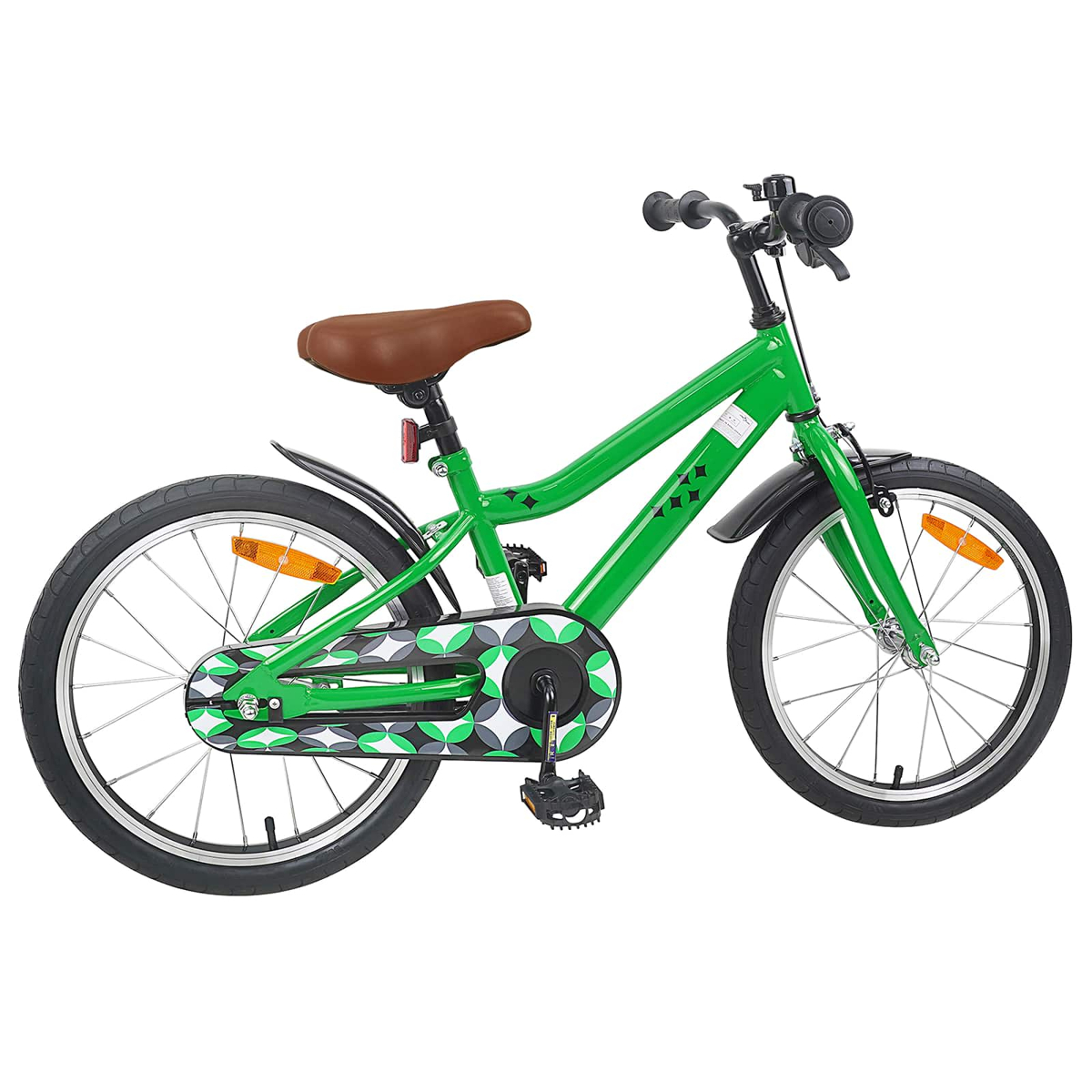 Grünes Kinderfahrrad mit braunem Sattel, schwarzer Kette und Verzierungen.